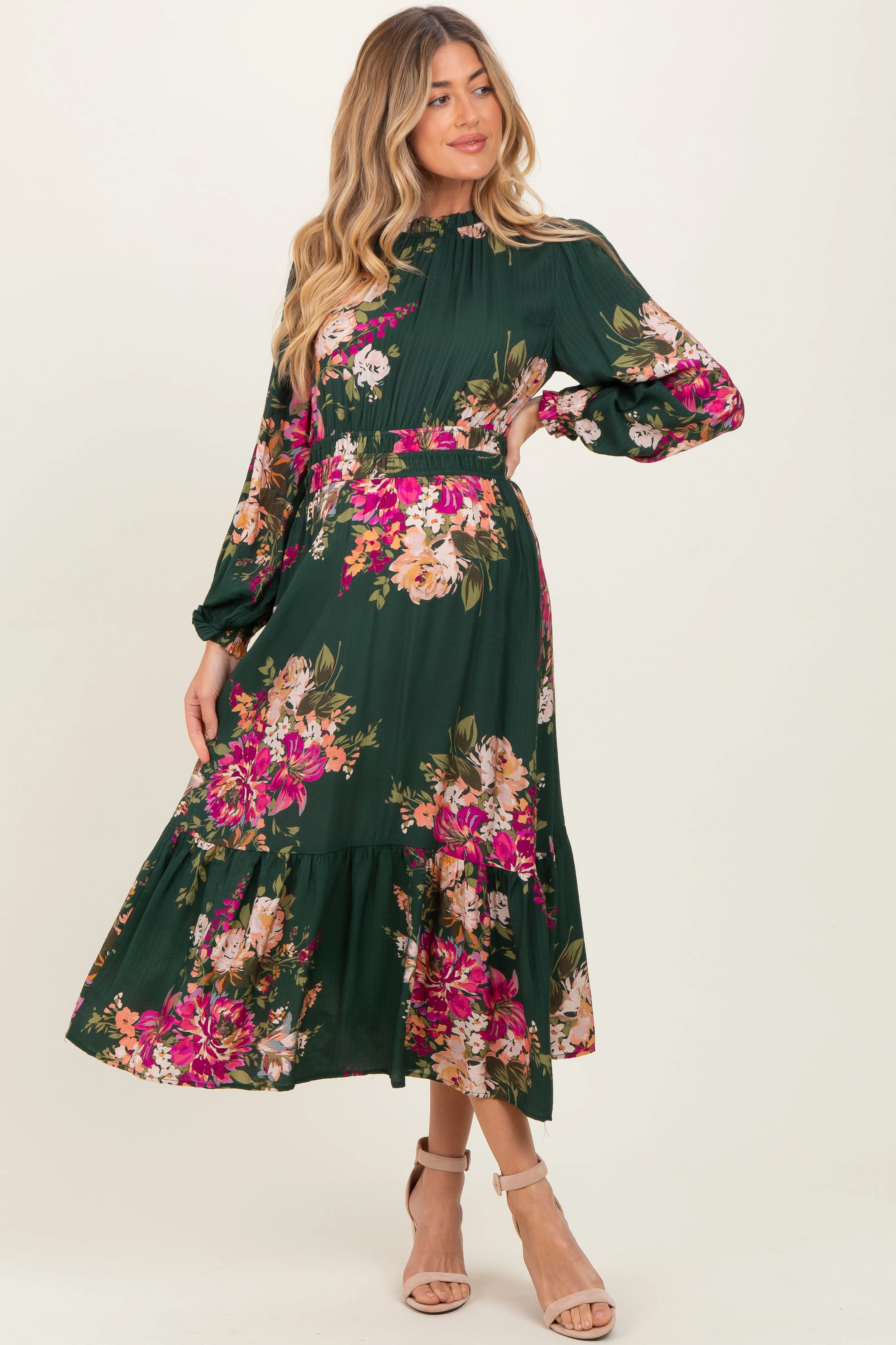 Forest Green Floral Long Sleeve Maternity Midi Dress sold by Pinkblush product image thumbnail 2