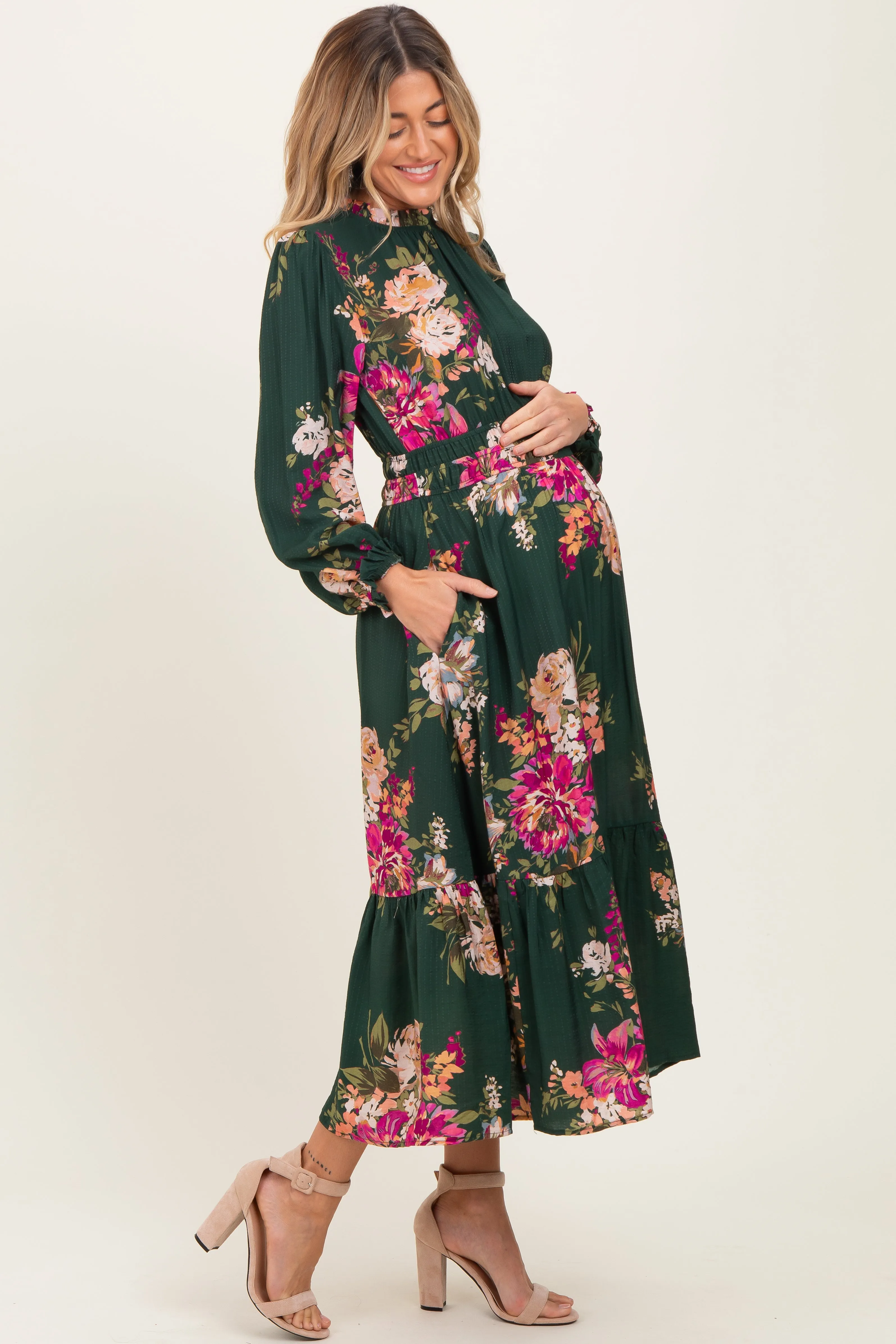 Forest Green Floral Long Sleeve Maternity Midi Dress sold by Pinkblush product image thumbnail 3