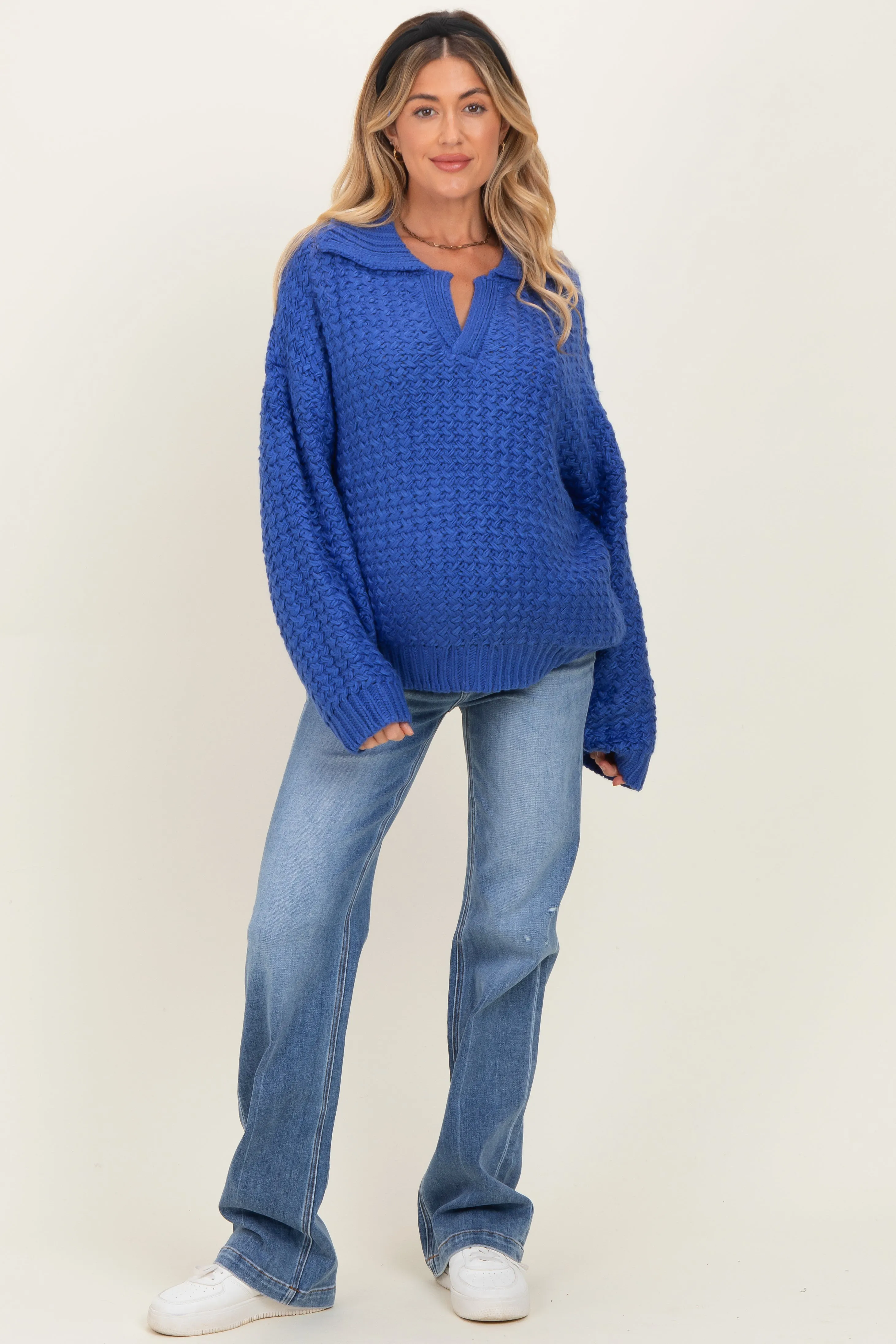 Royal Blue Collared Cable Knit Maternity Sweater sold by Pinkblush