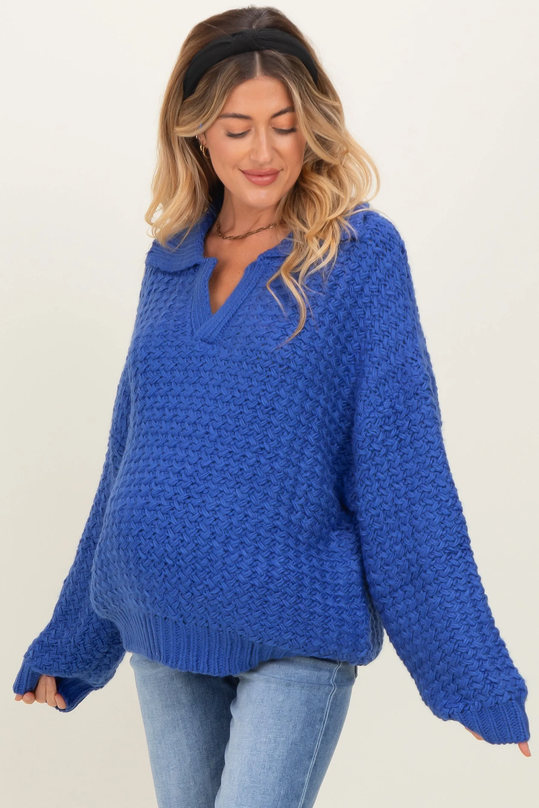 Royal Blue Collared Cable Knit Maternity Sweater sold by Pinkblush product image thumbnail 2
