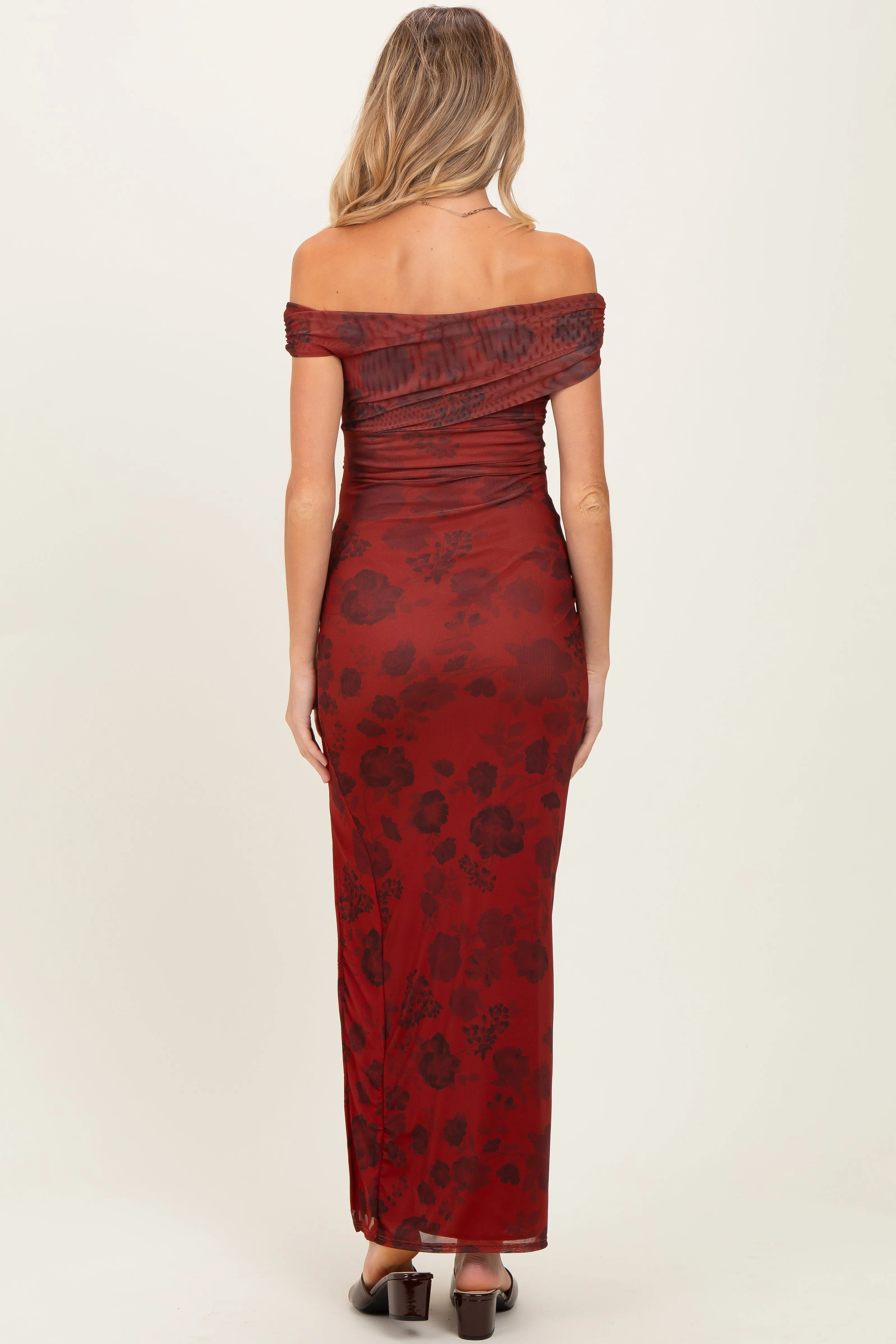 Burgundy Floral One Shoulder Maternity Maxi Dress sold by Pinkblush product image thumbnail 4