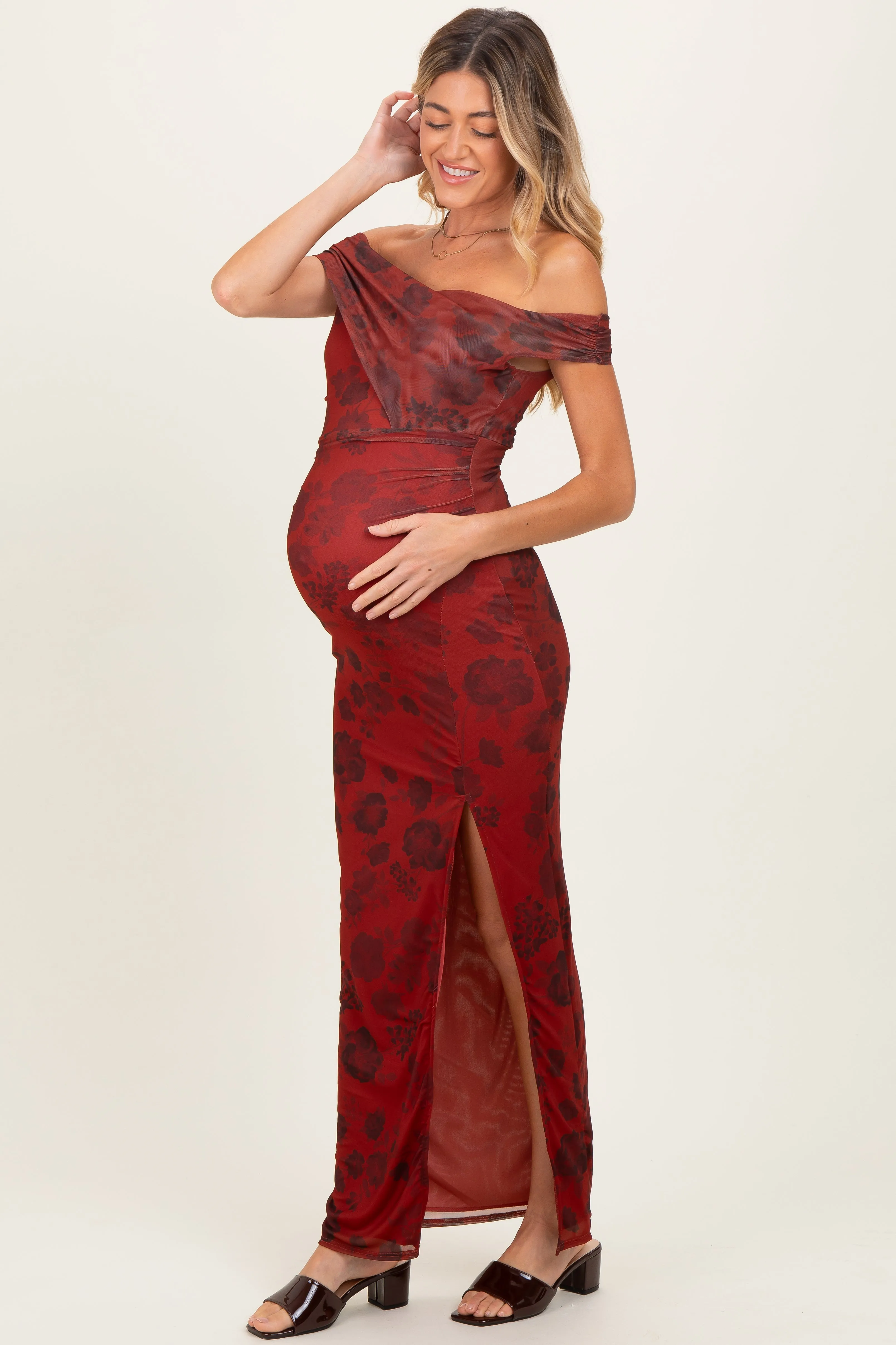 Burgundy Floral One Shoulder Maternity Maxi Dress sold by Pinkblush product image thumbnail 3