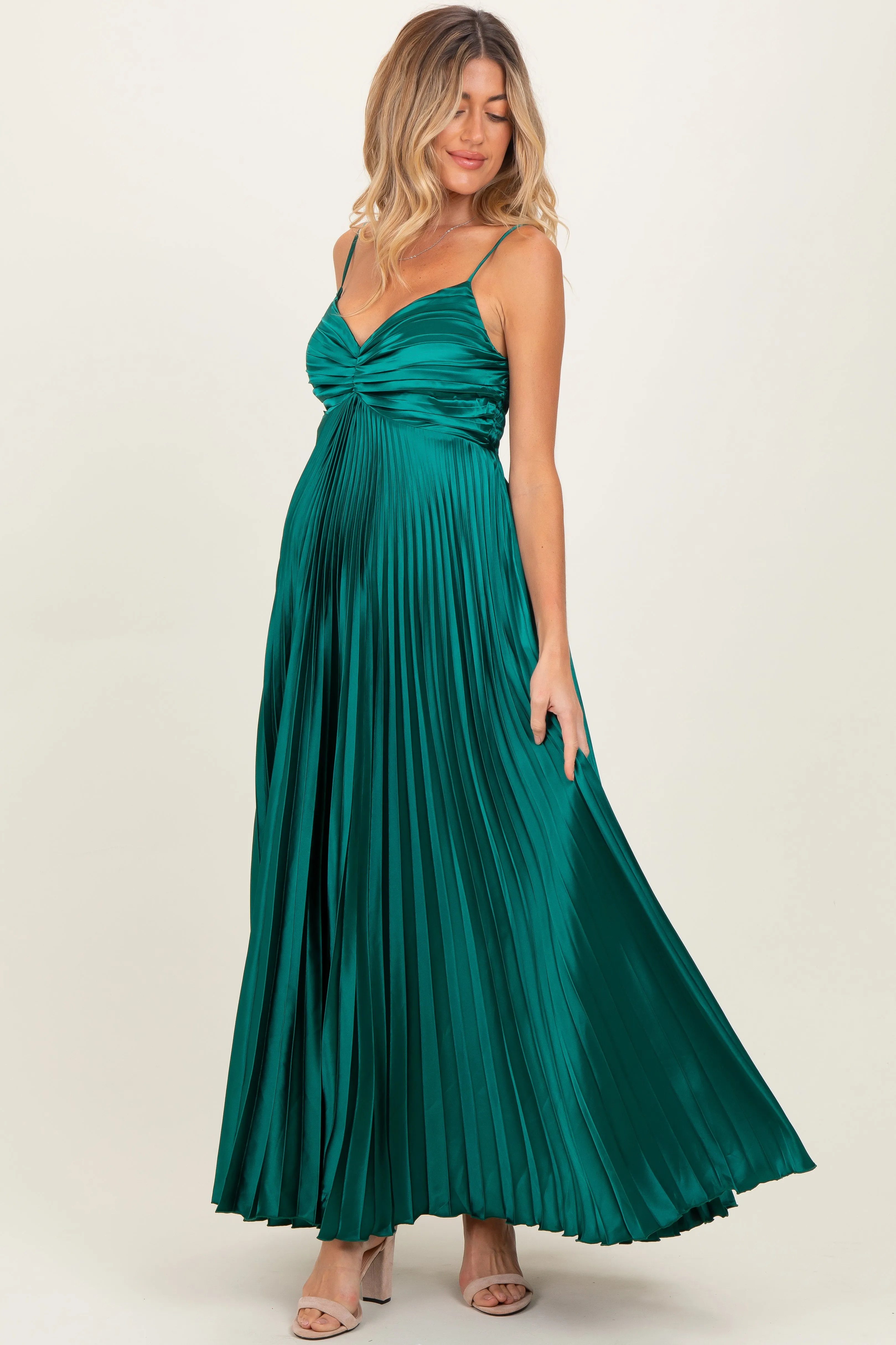 Forest Green Pleated Satin Sleeveless Maternity Maxi Dress sold by Pinkblush product image thumbnail 2