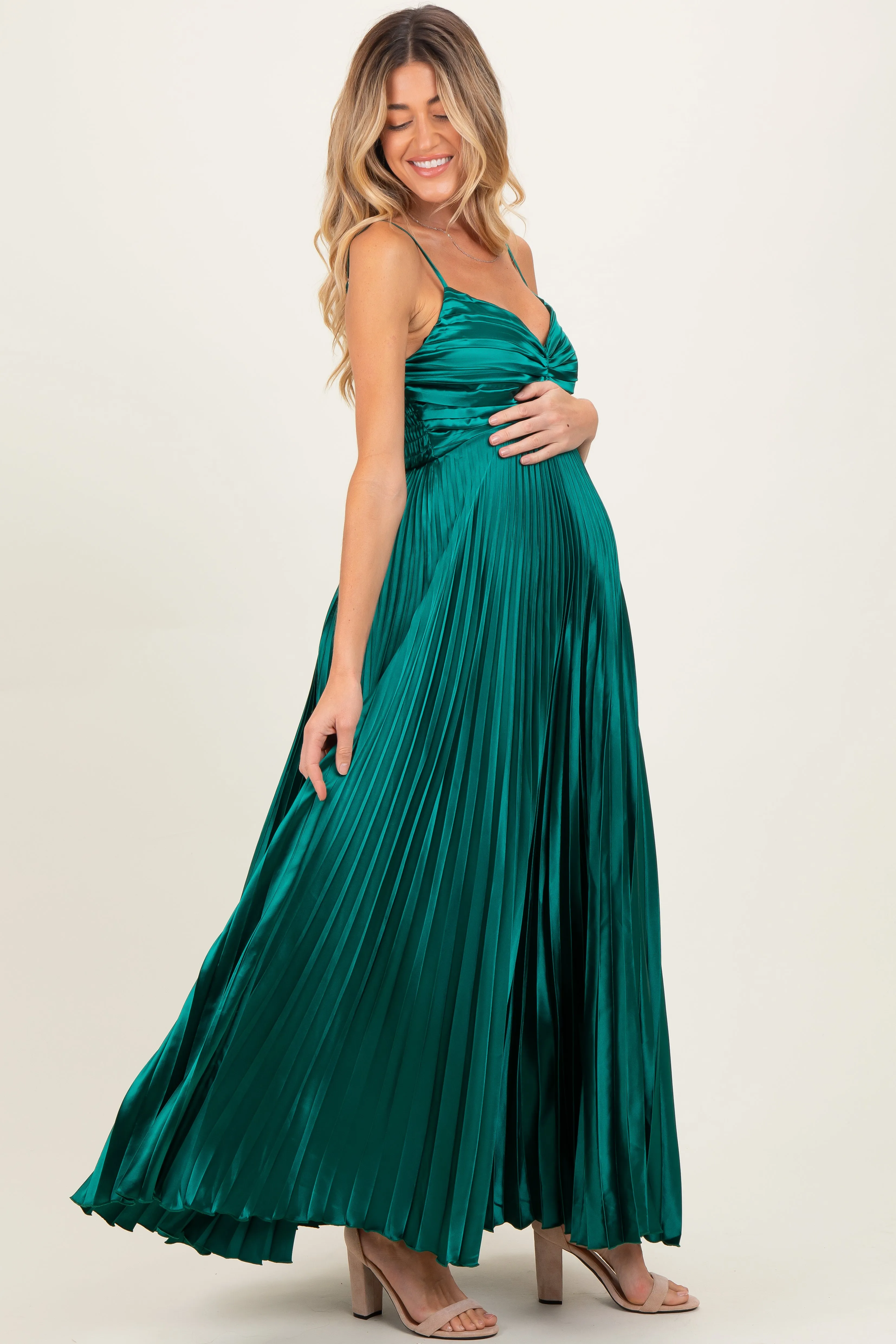 Forest Green Pleated Satin Sleeveless Maternity Maxi Dress sold by Pinkblush product image thumbnail 3