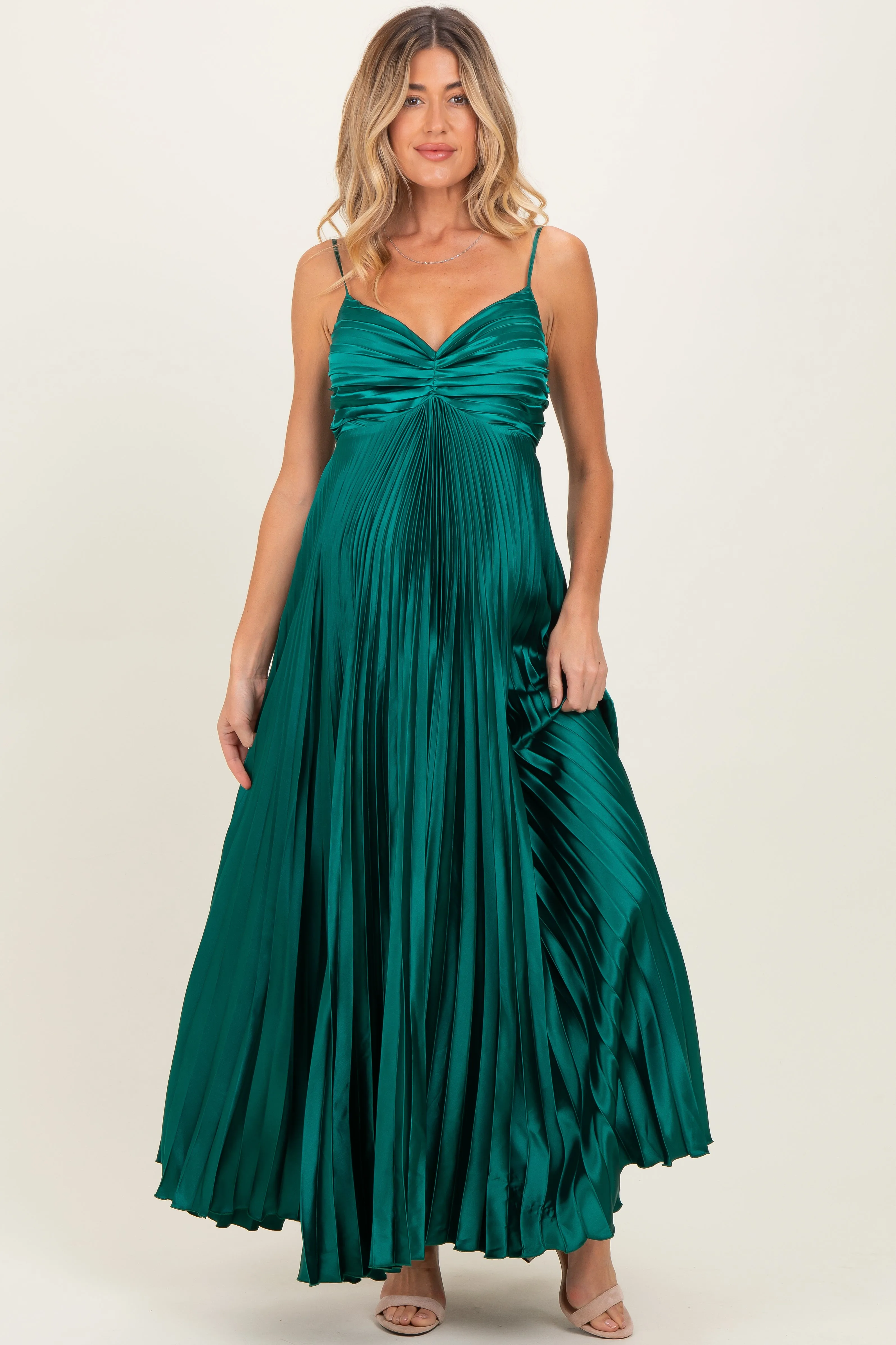 Forest Green Pleated Satin Sleeveless Maternity Maxi Dress sold by Pinkblush