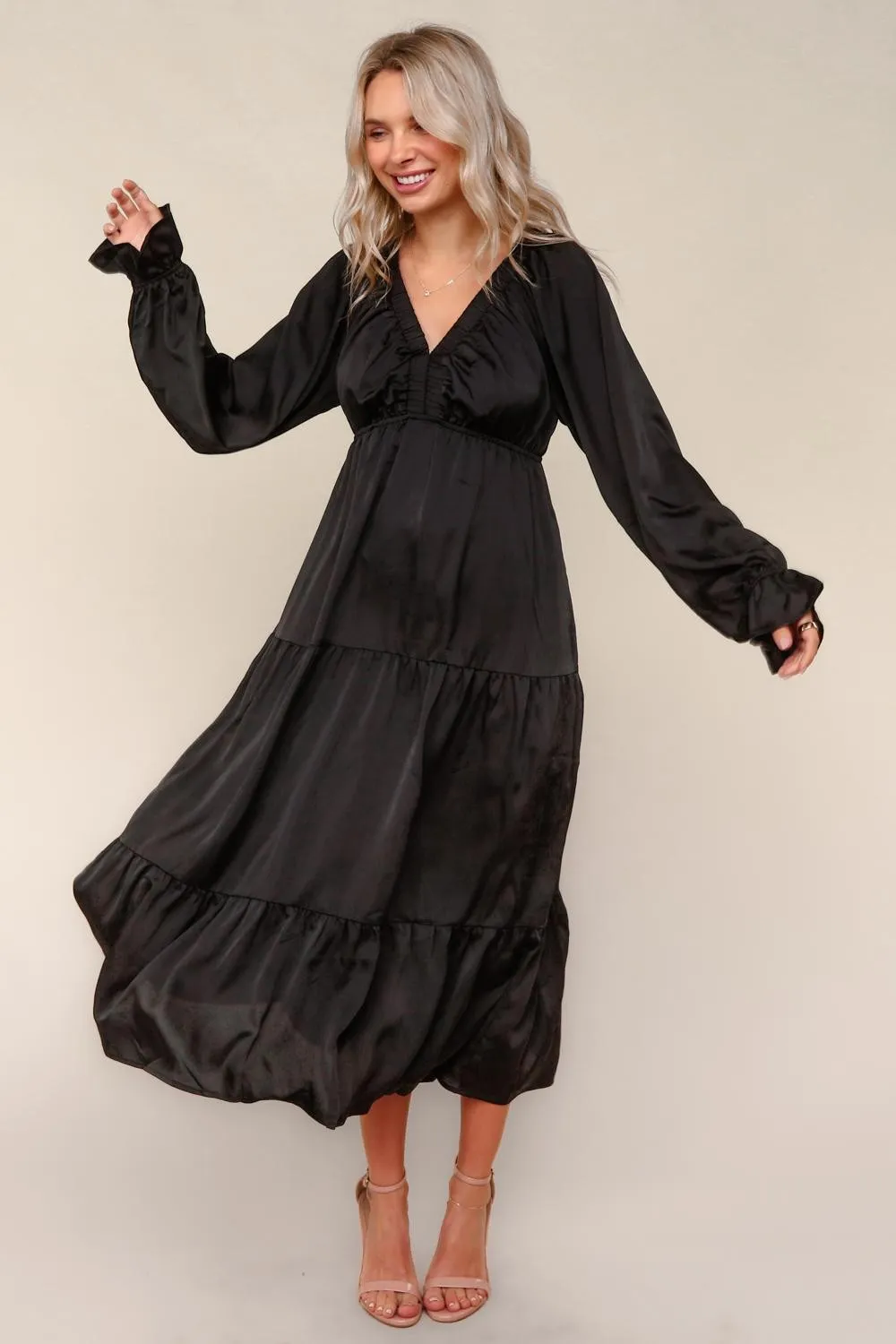 Black Solid V-Neck Satin Long Sleeve Maxi Dress sold by Pinkblush product image thumbnail 2