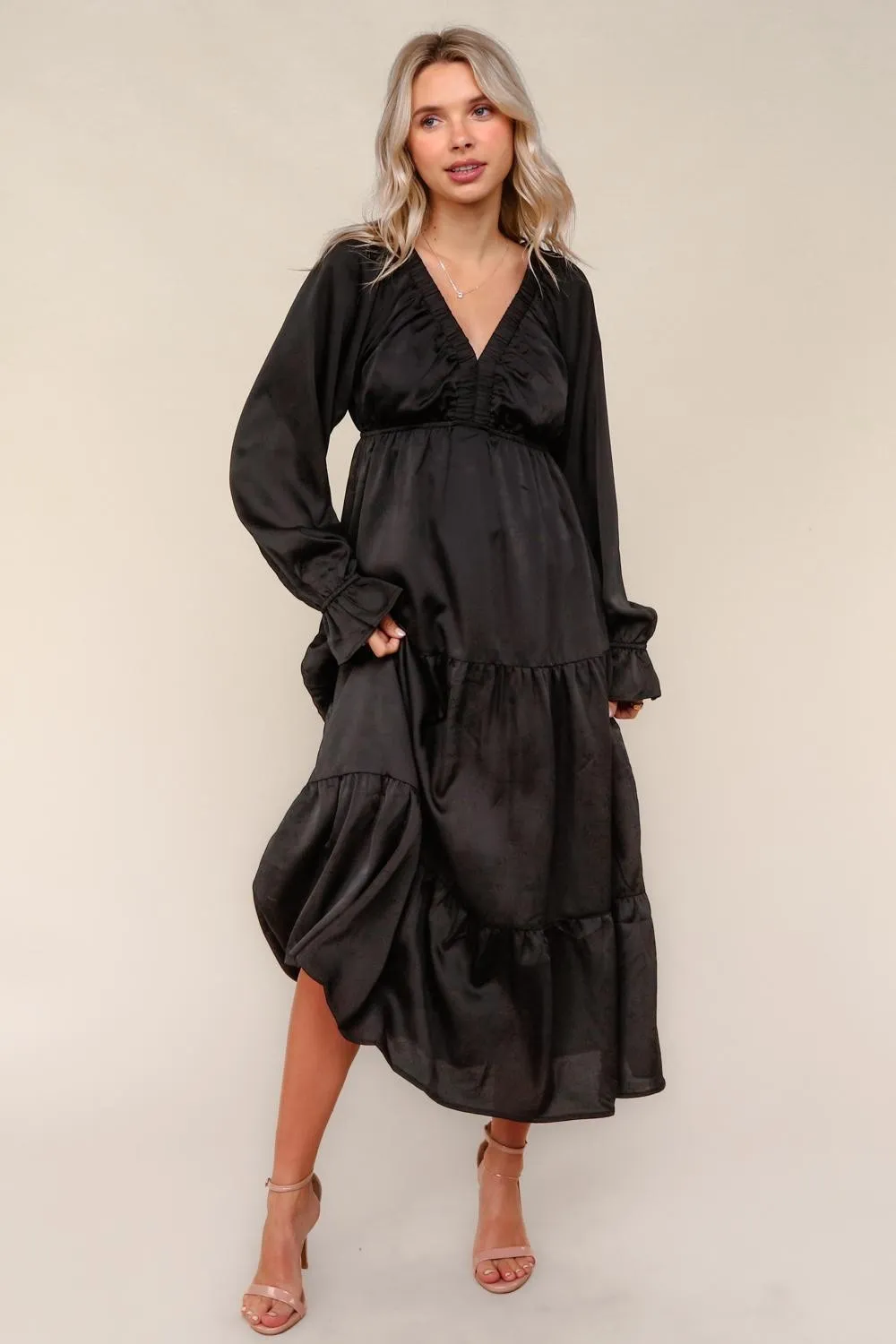 Black Solid V-Neck Satin Long Sleeve Maxi Dress sold by Pinkblush