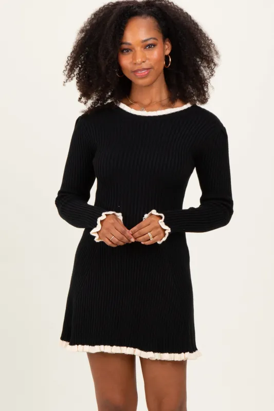Black Ribbed Knit Contrast Ruffle Trim Mini Dress sold by Pinkblush
