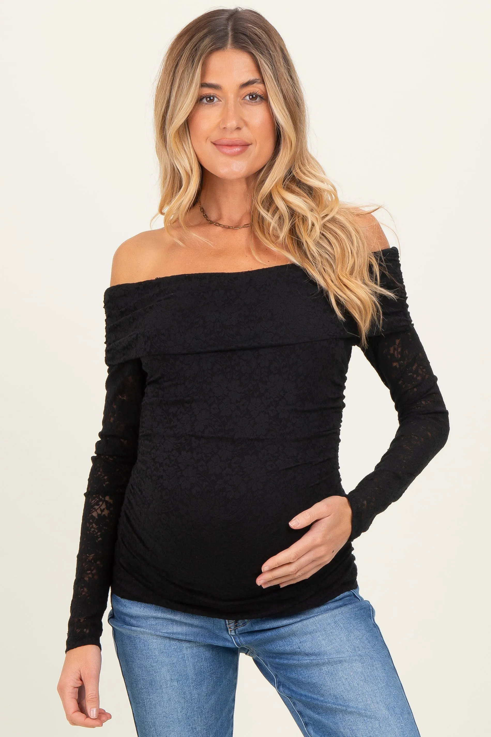 Black Lace Off Shoulder Long Sleeve Maternity Top sold by Pinkblush