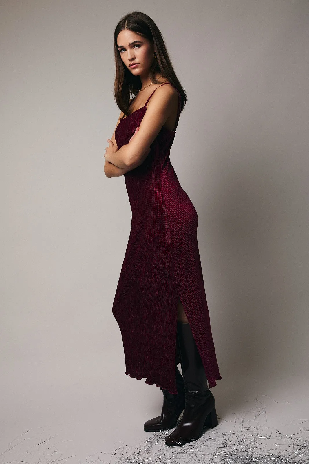 Burgundy Velvet Sleeveless Side Slit Midi Dress sold by Pinkblush product image thumbnail 3