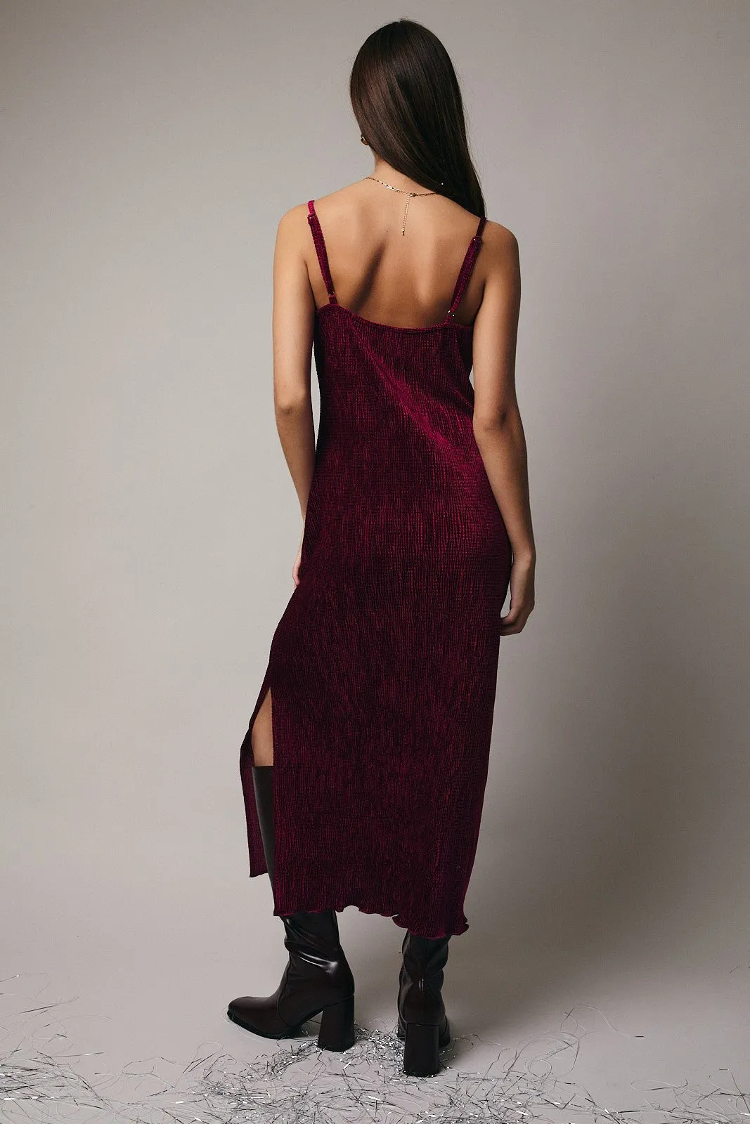 Burgundy Velvet Sleeveless Side Slit Midi Dress sold by Pinkblush product image thumbnail 4