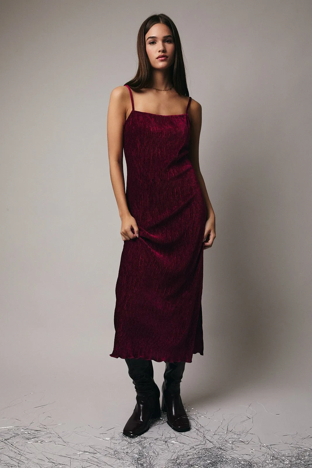 Burgundy Velvet Sleeveless Side Slit Midi Dress sold by Pinkblush