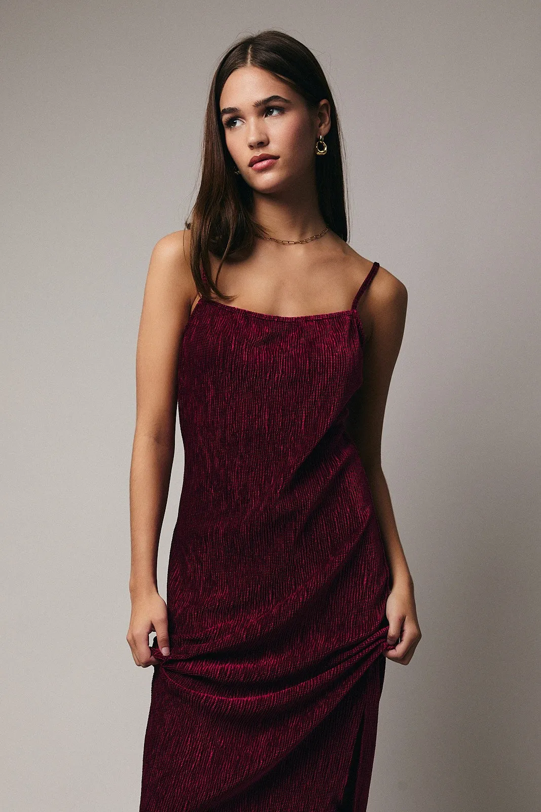 Burgundy Velvet Sleeveless Side Slit Midi Dress sold by Pinkblush product image thumbnail 5