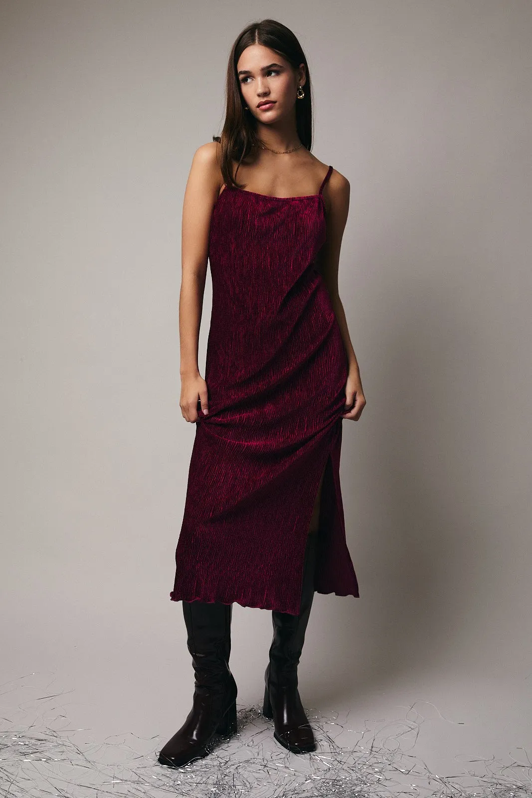 Burgundy Velvet Sleeveless Side Slit Midi Dress sold by Pinkblush product image thumbnail 2