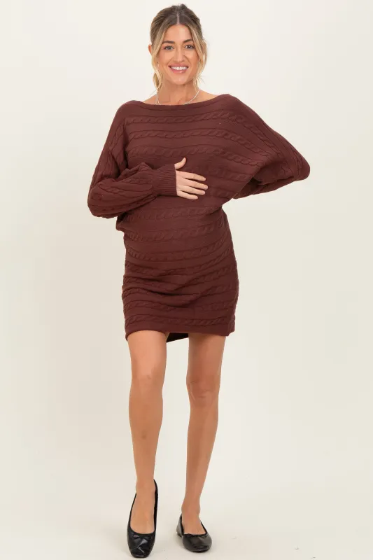 Brown Cable Knit Dolman Sleeve Maternity Sweater Mini Dress sold by Pinkblush