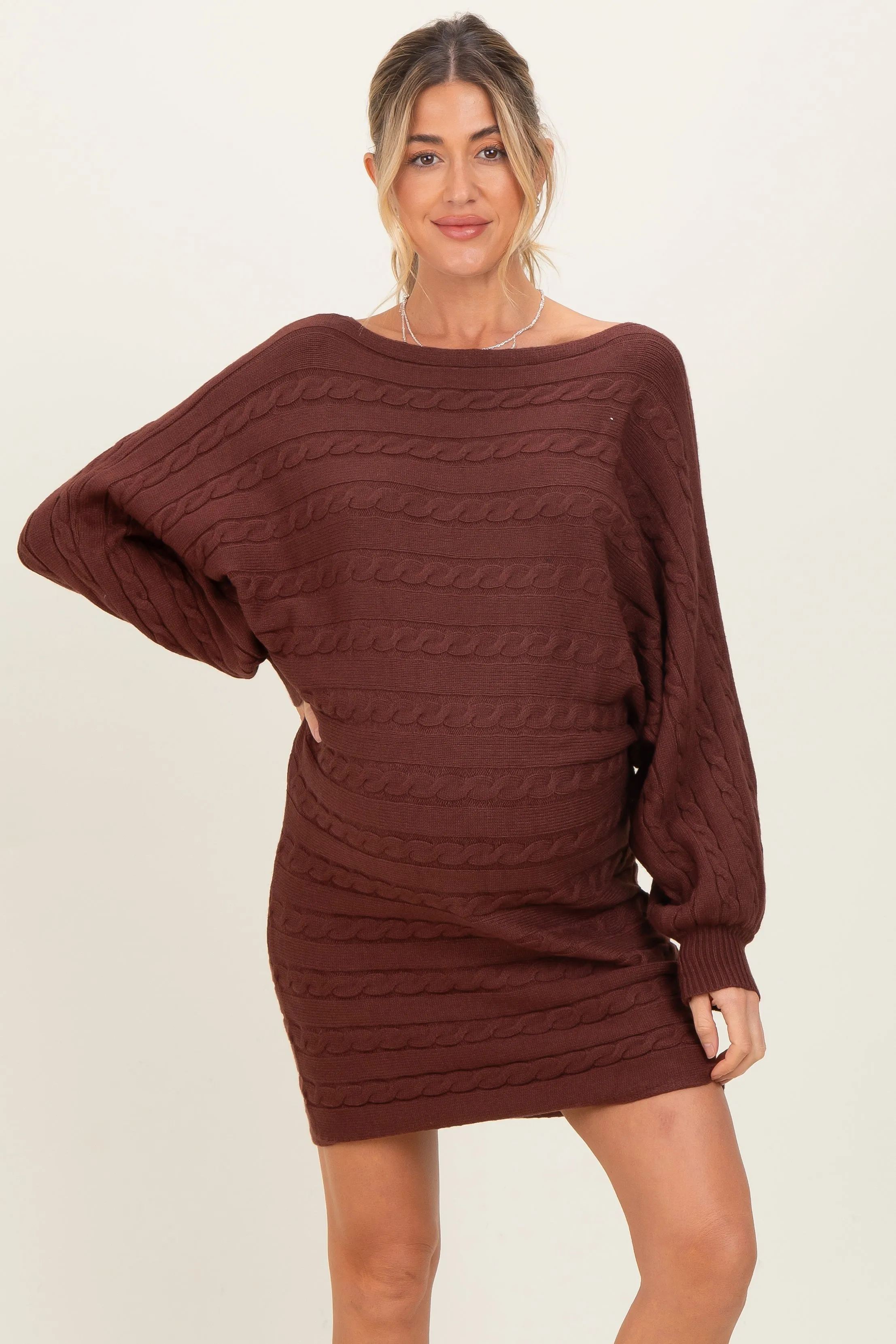 Brown Cable Knit Dolman Sleeve Maternity Sweater Mini Dress sold by Pinkblush product image thumbnail 2