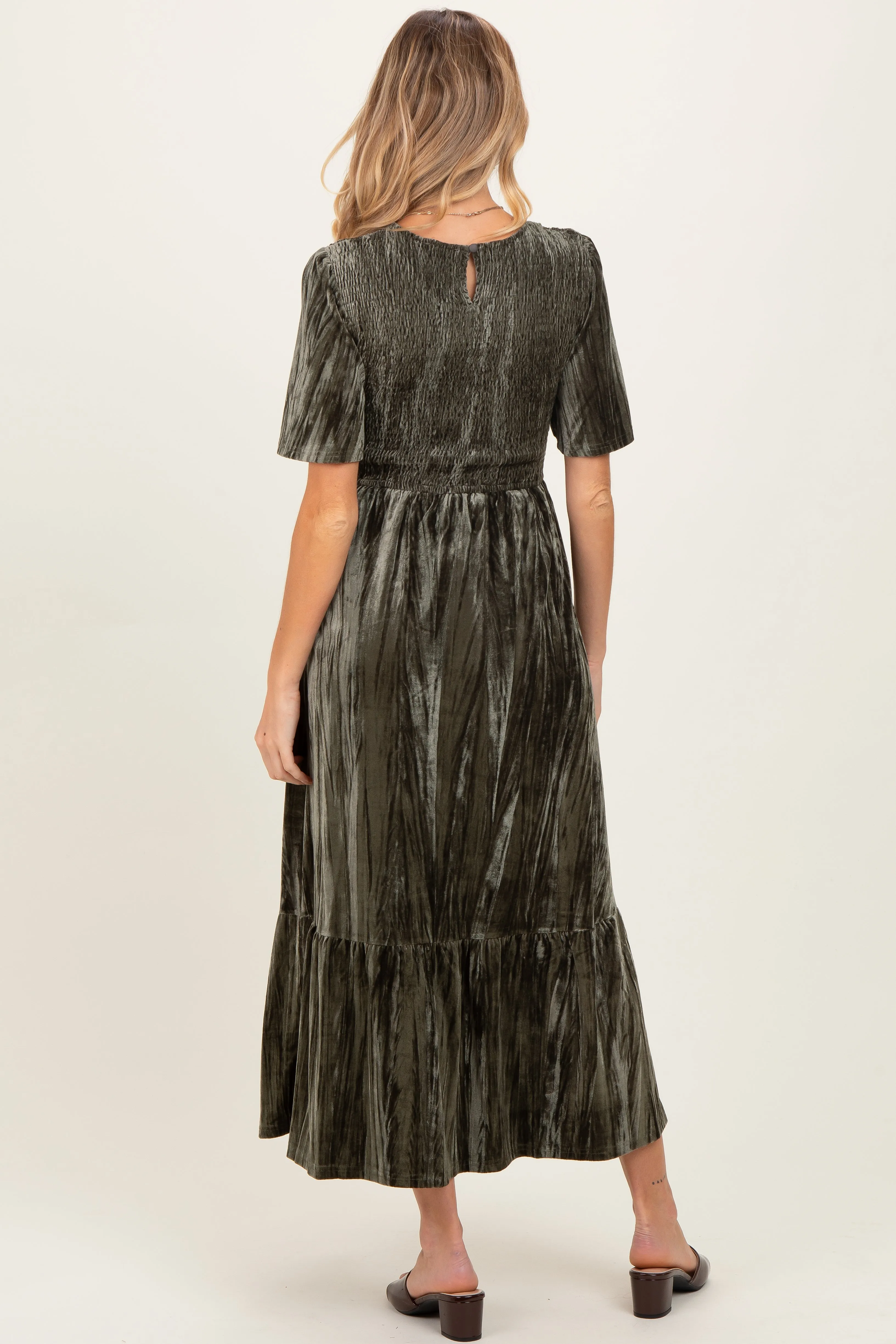 Olive Smocked Velvet Maternity MIdi Dress sold by Pinkblush product image thumbnail 3