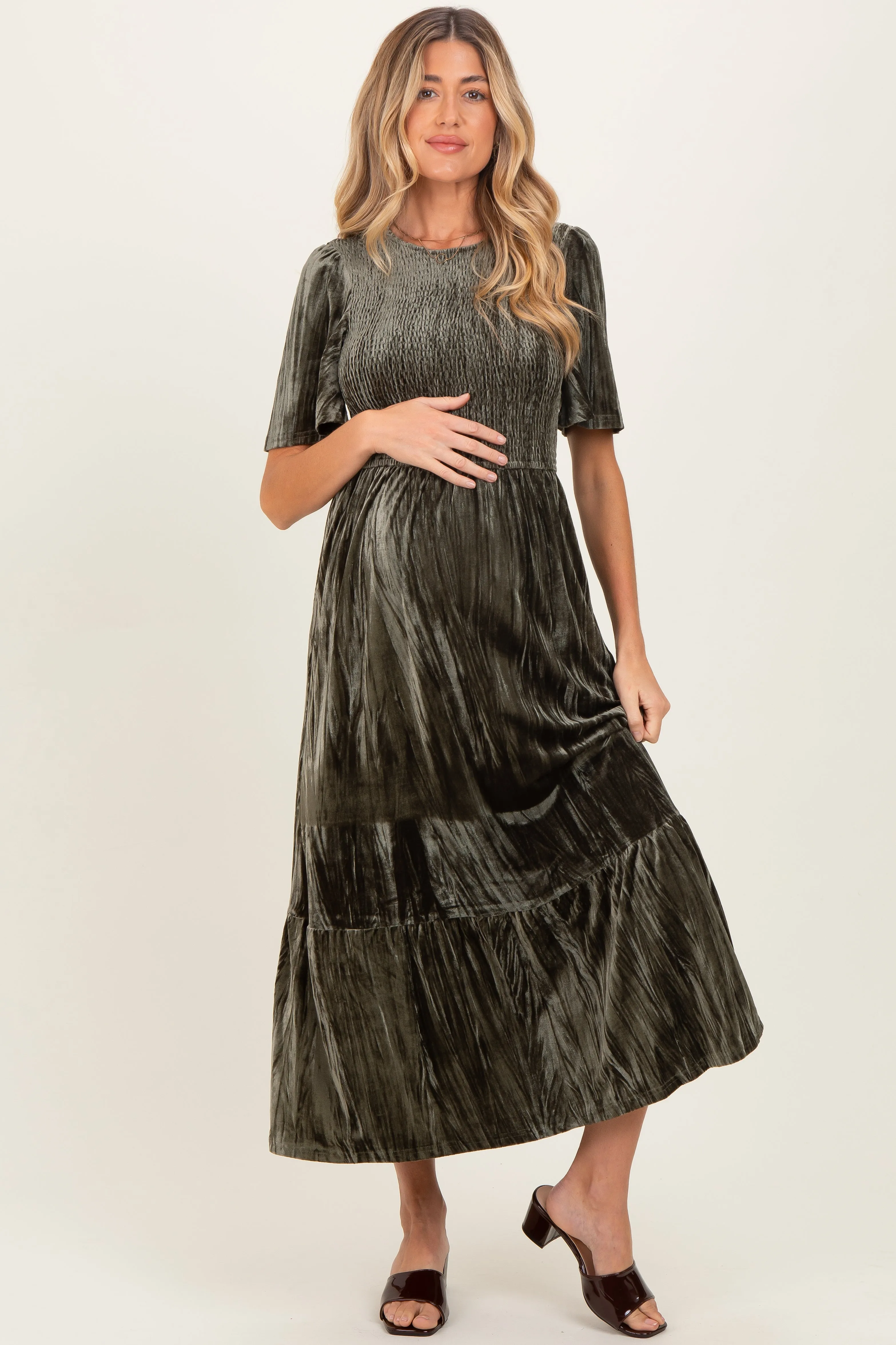 Olive Smocked Velvet Maternity MIdi Dress sold by Pinkblush