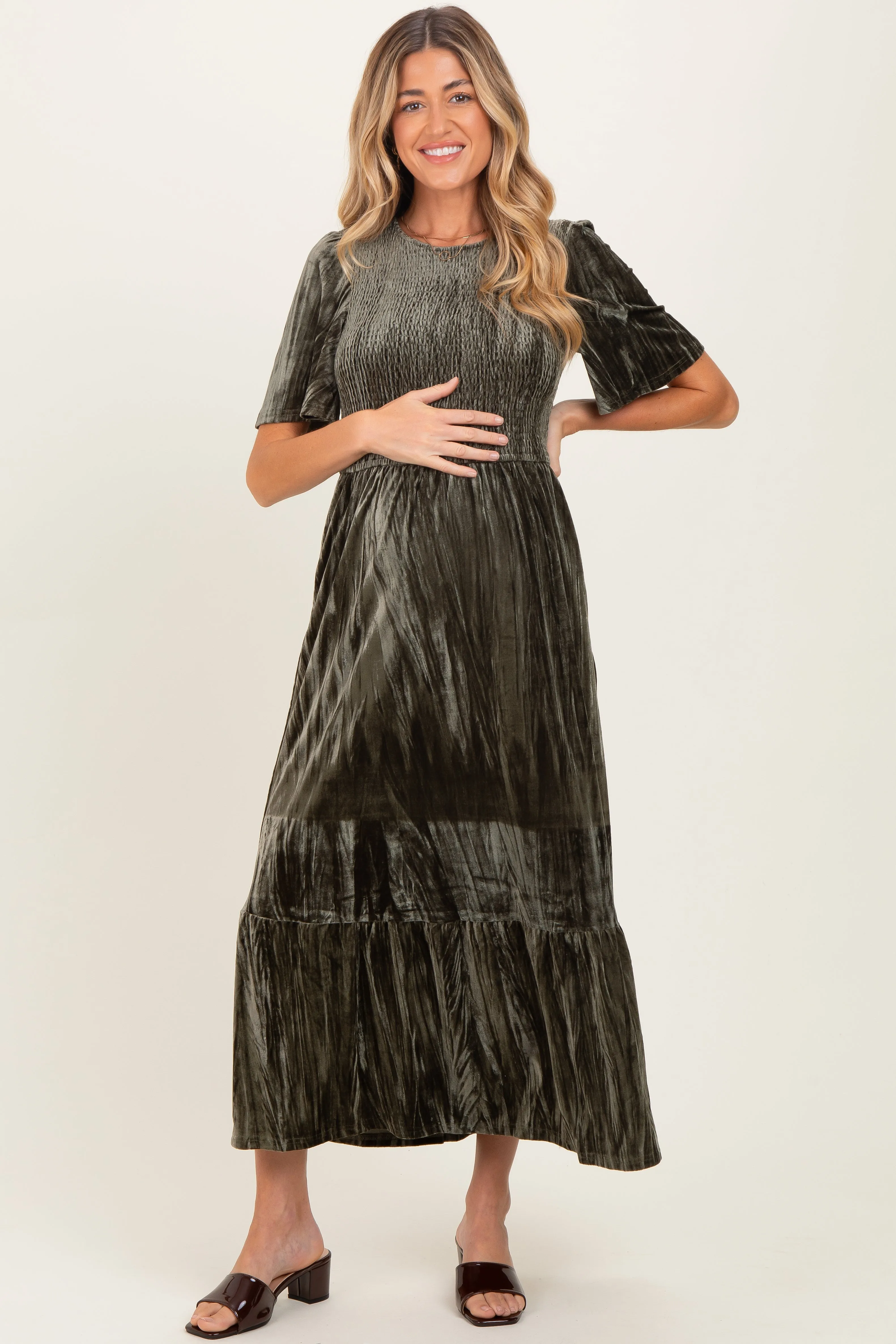 Olive Smocked Velvet Maternity MIdi Dress sold by Pinkblush product image thumbnail 2