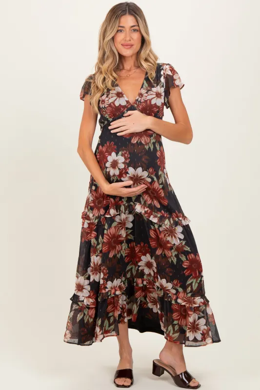 Black Floral Chiffon V-Neck Maternity Maxi Dress sold by Pinkblush