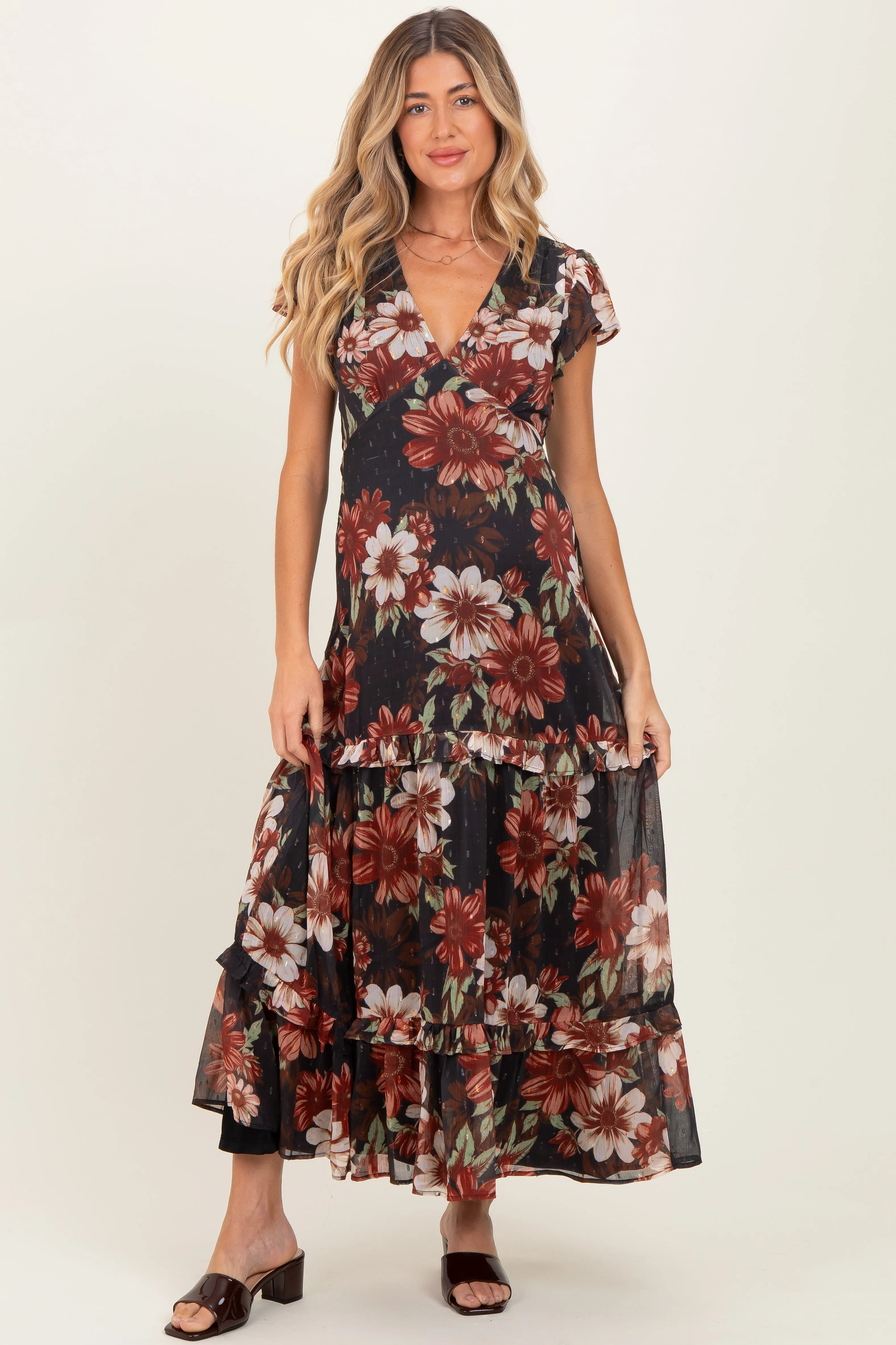 Black Floral Chiffon V-Neck Maternity Maxi Dress sold by Pinkblush product image thumbnail 2