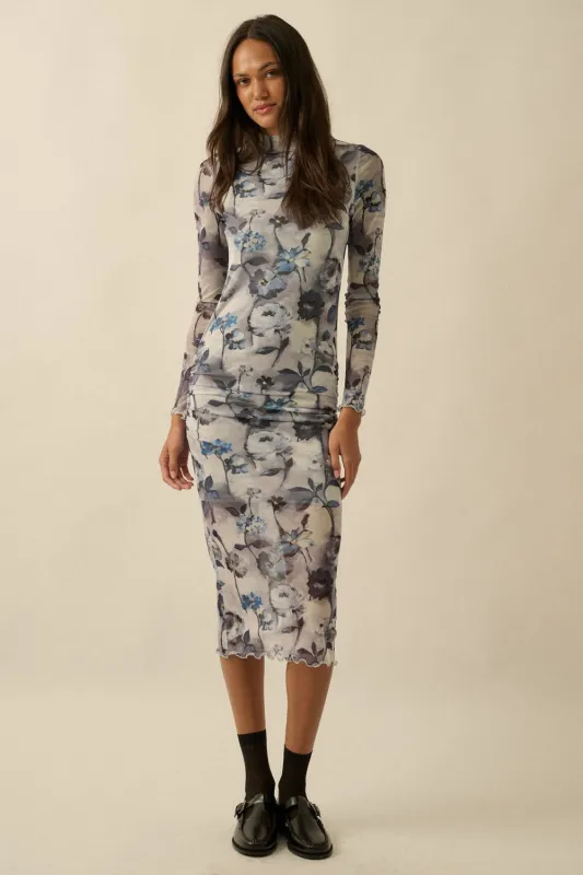Blue Floral Mesh Long Sleeve Midi Dress sold by Pinkblush