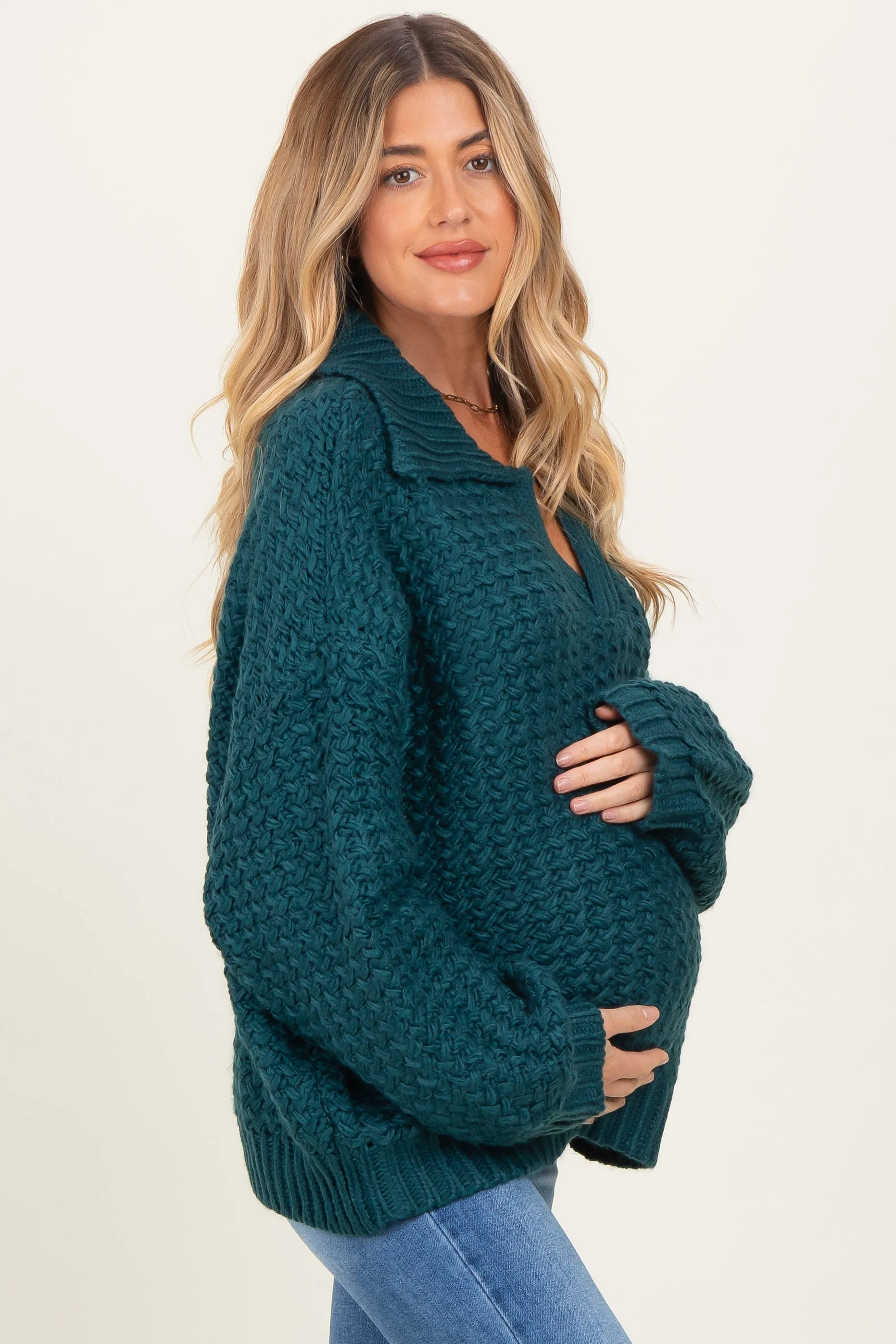 Forest Green Collared Cable Knit Maternity Sweater sold by Pinkblush product image thumbnail 3