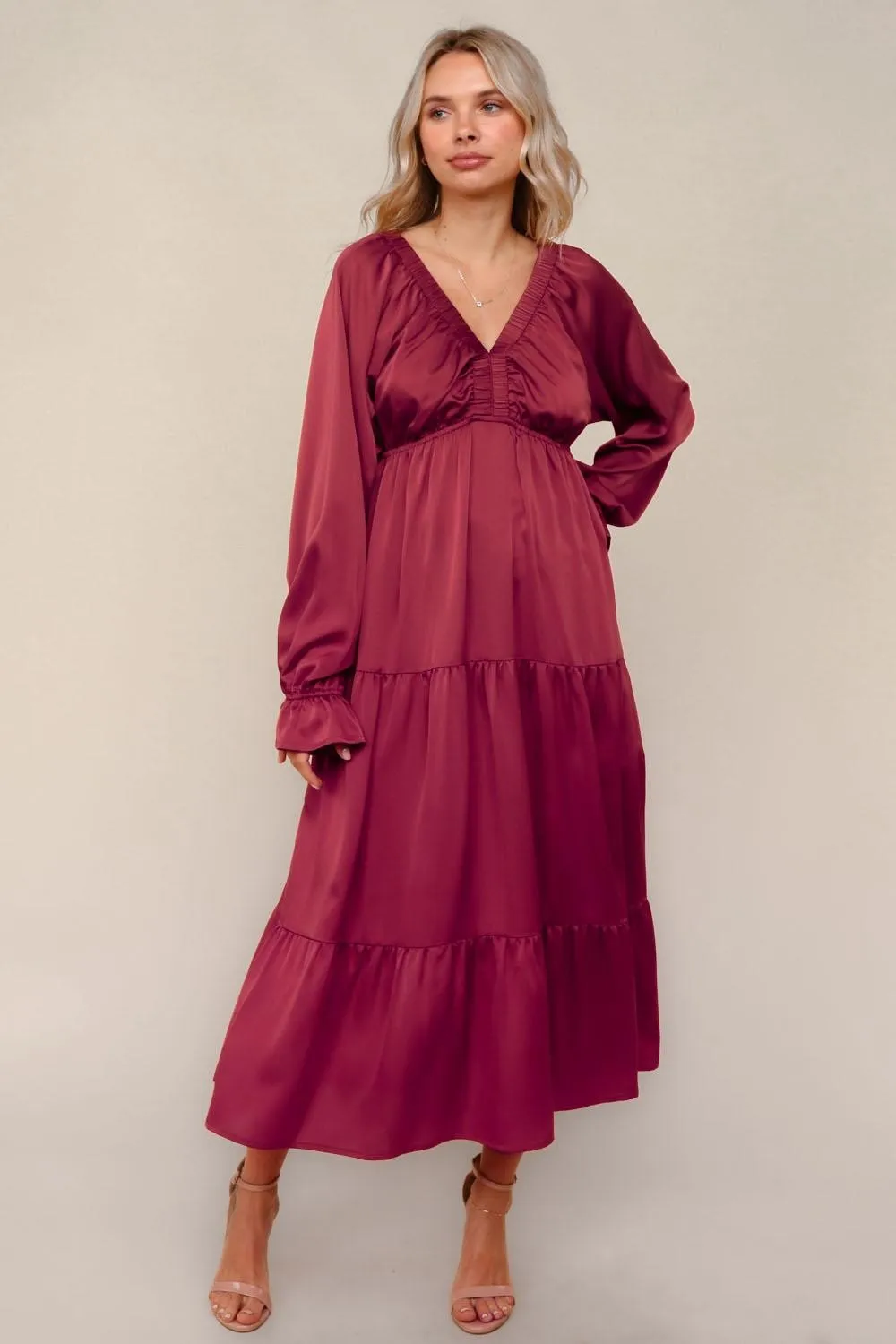Burgundy Solid V-Neck Satin Long Sleeve Maxi Dress sold by Pinkblush