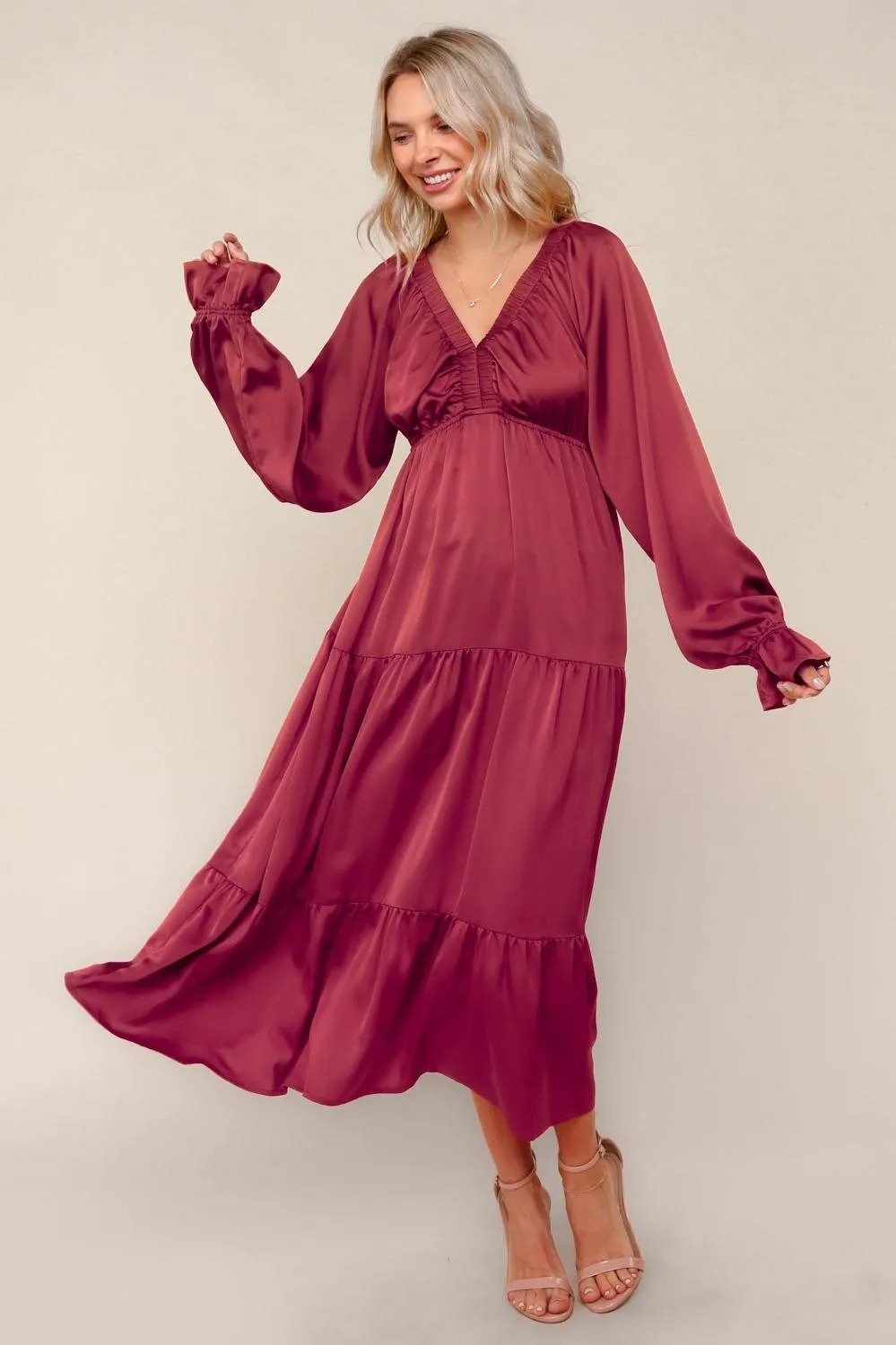 Burgundy Solid V-Neck Satin Long Sleeve Maxi Dress sold by Pinkblush product image thumbnail 2