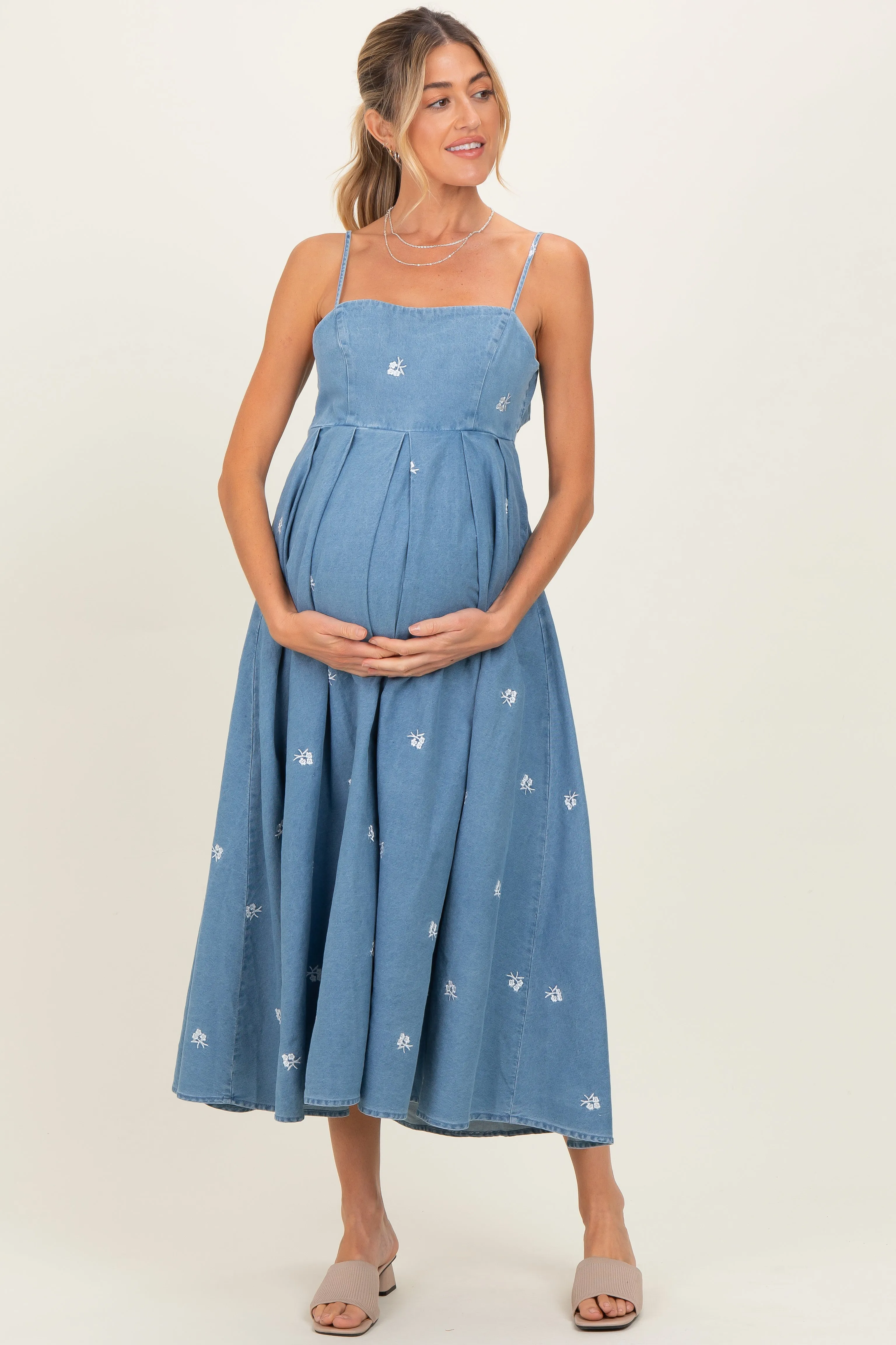 Denim Tied Back Embroidered Maternity Midi Dress sold by Pinkblush