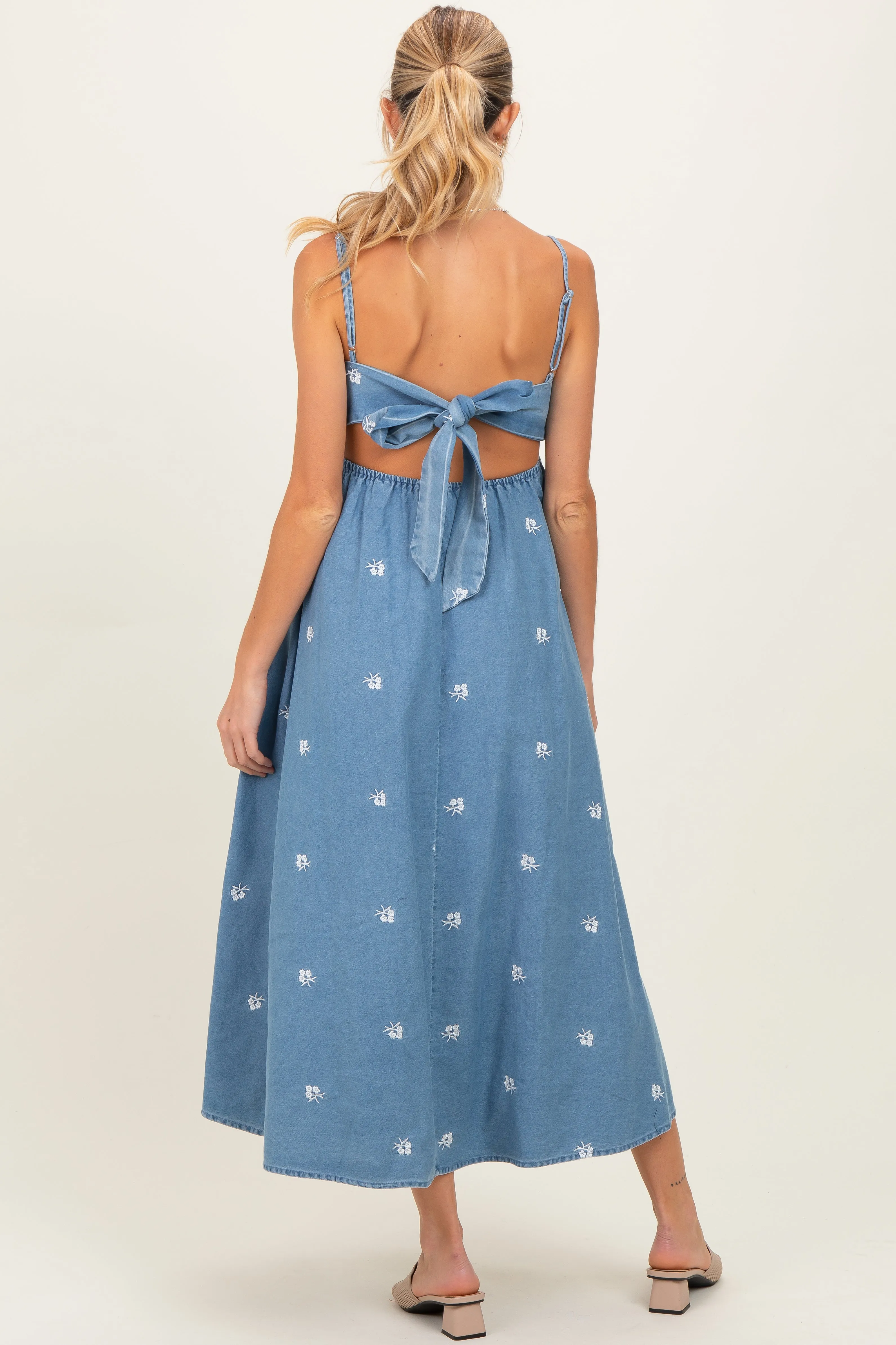 Denim Tied Back Embroidered Maternity Midi Dress sold by Pinkblush product image thumbnail 2