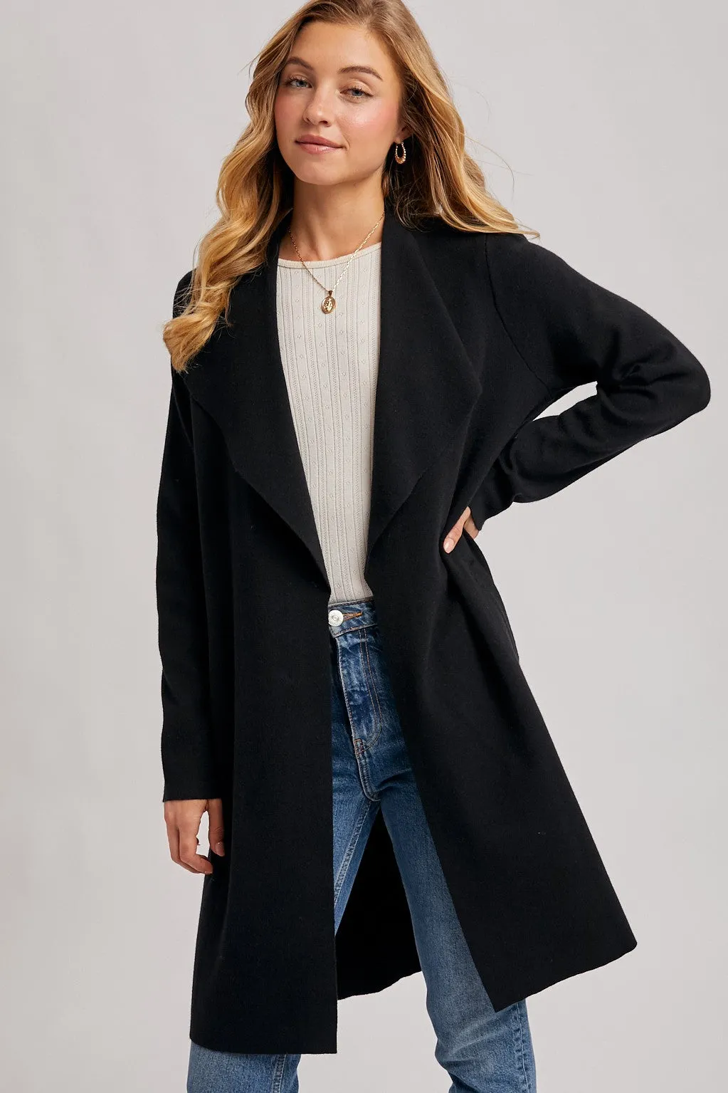 Black Knit Open Front Long Cardigan sold by Pinkblush