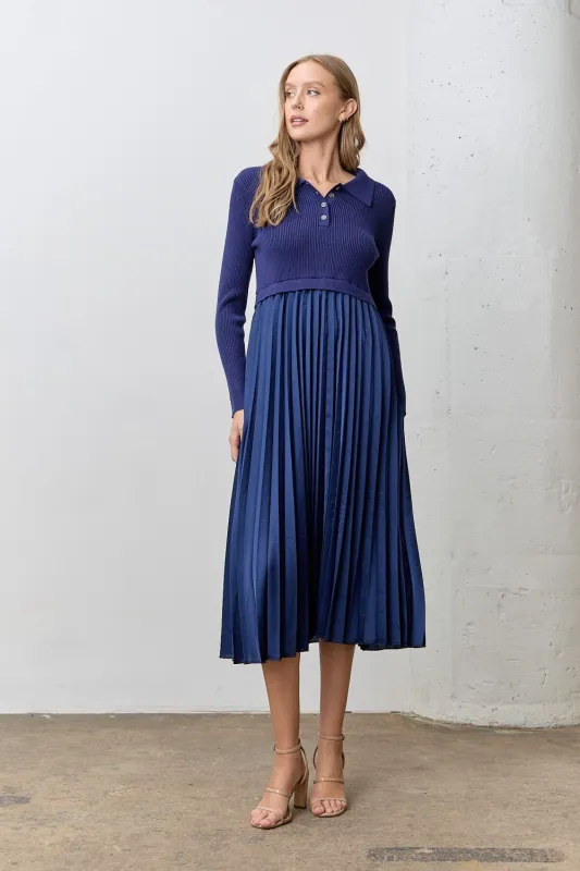 Navy Collared Knit Contrast Pleated Skirt Midi Dress sold by Pinkblush