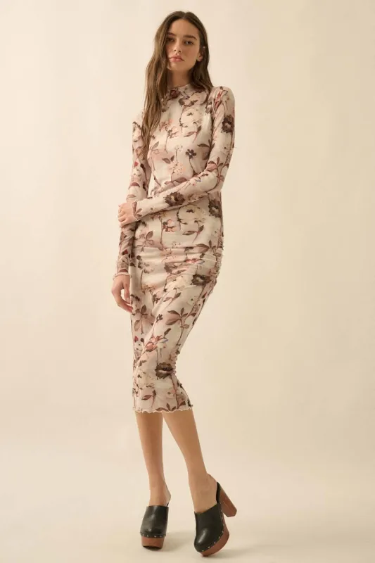 Cream Floral Mesh Long Sleeve Midi Dress sold by Pinkblush