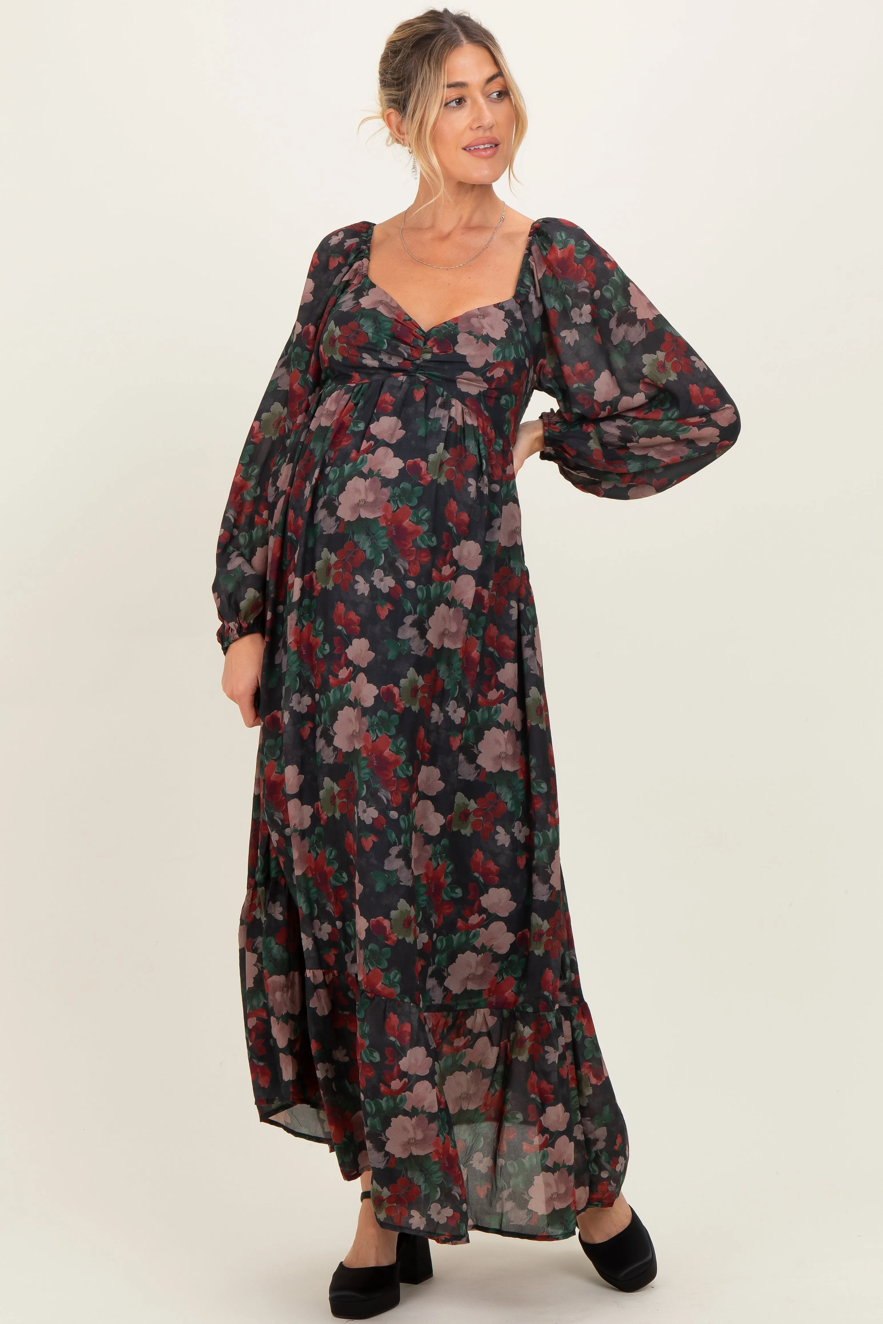 Black Floral Long Balloon Sleeve Sweetheart Neck Maternity Maxi Dress sold by Pinkblush