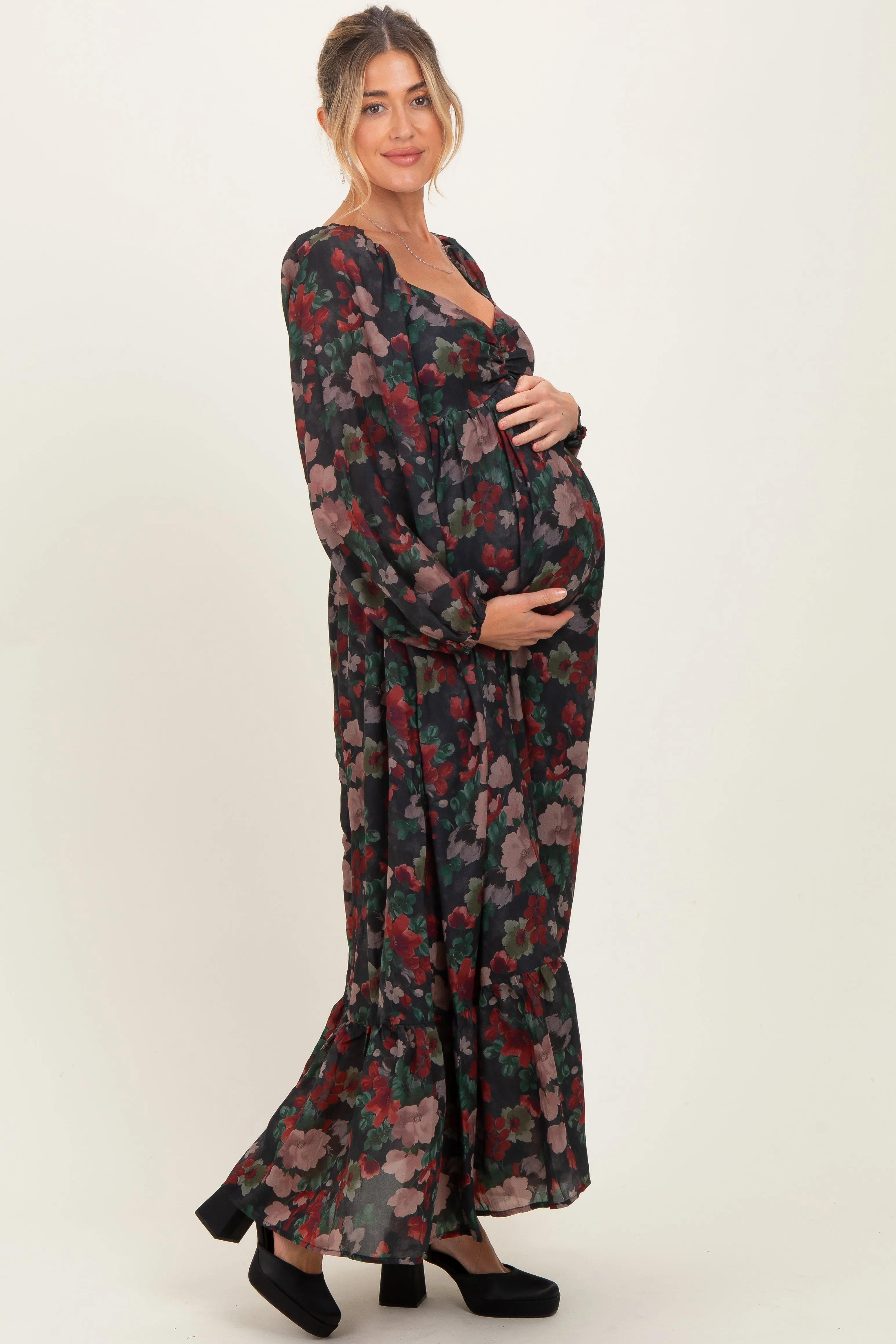 Black Floral Long Balloon Sleeve Sweetheart Neck Maternity Maxi Dress sold by Pinkblush product image thumbnail 2