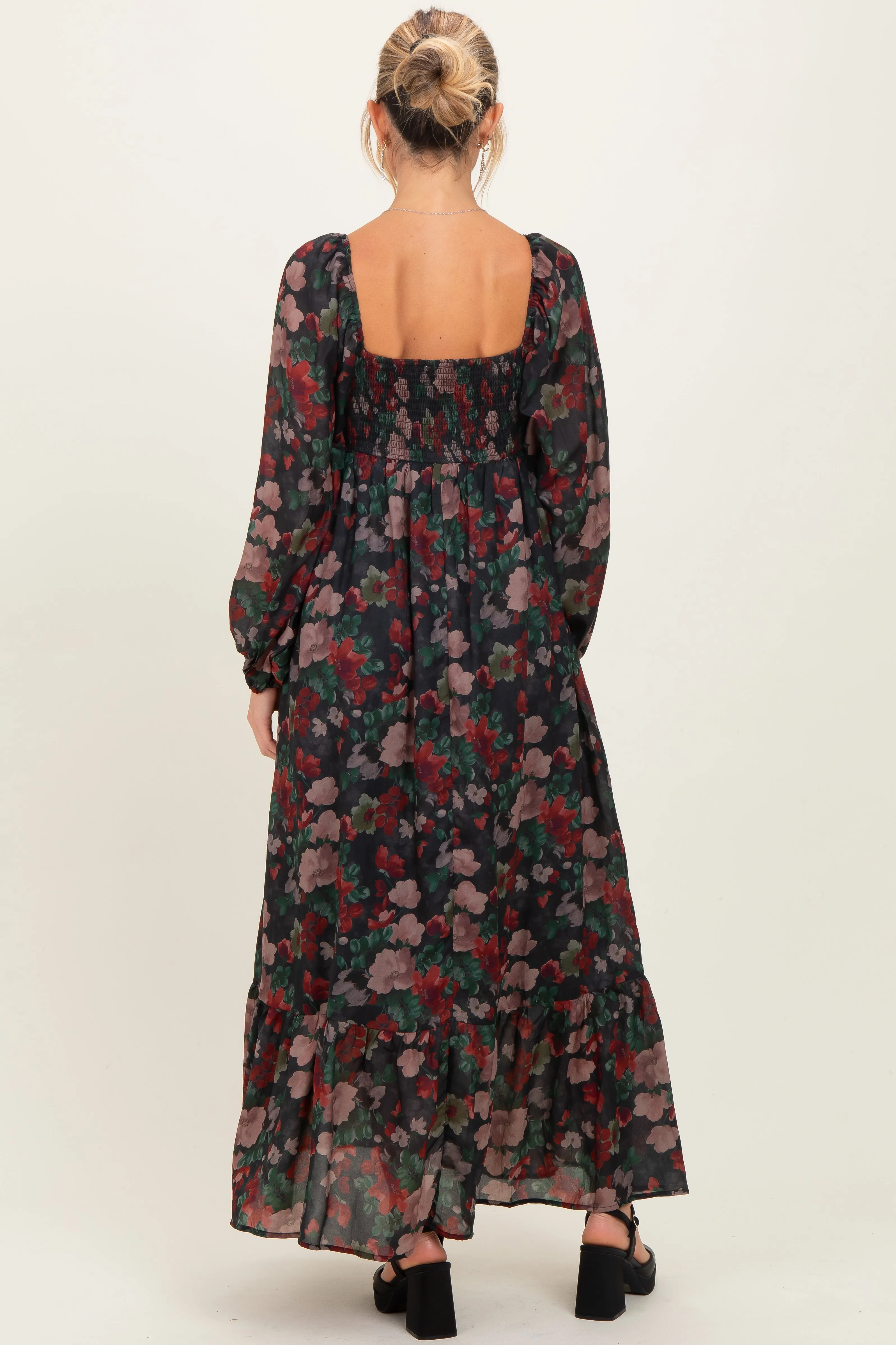 Black Floral Long Balloon Sleeve Sweetheart Neck Maternity Maxi Dress sold by Pinkblush product image thumbnail 3