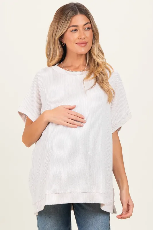 Cream Solid Ribbed Short Sleeve Oversized Maternity Tunic Top sold by Pinkblush