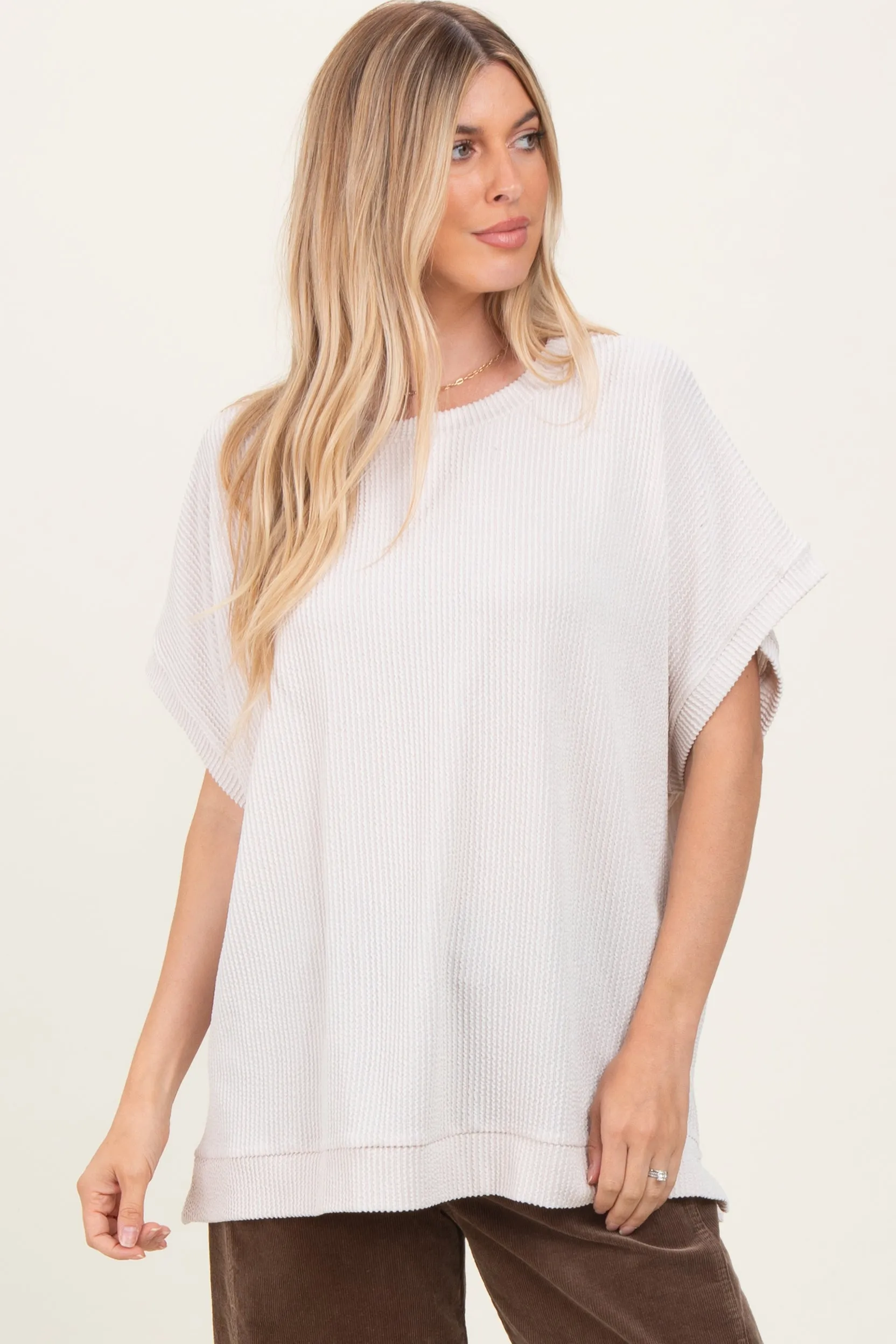 Cream Solid Ribbed Short Sleeve Oversized Maternity Tunic Top sold by Pinkblush product image thumbnail 5