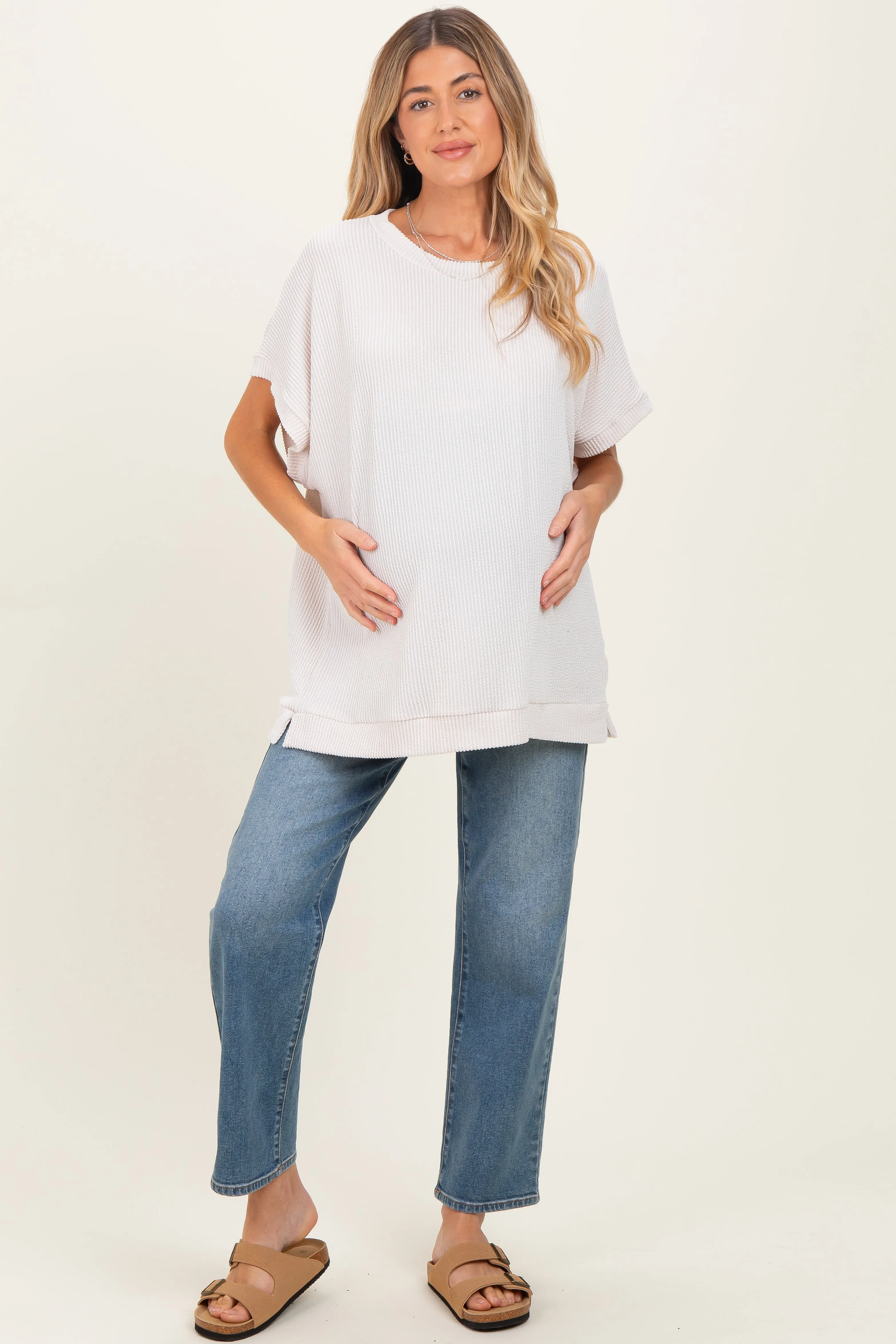 Cream Solid Ribbed Short Sleeve Oversized Maternity Tunic Top sold by Pinkblush product image thumbnail 2