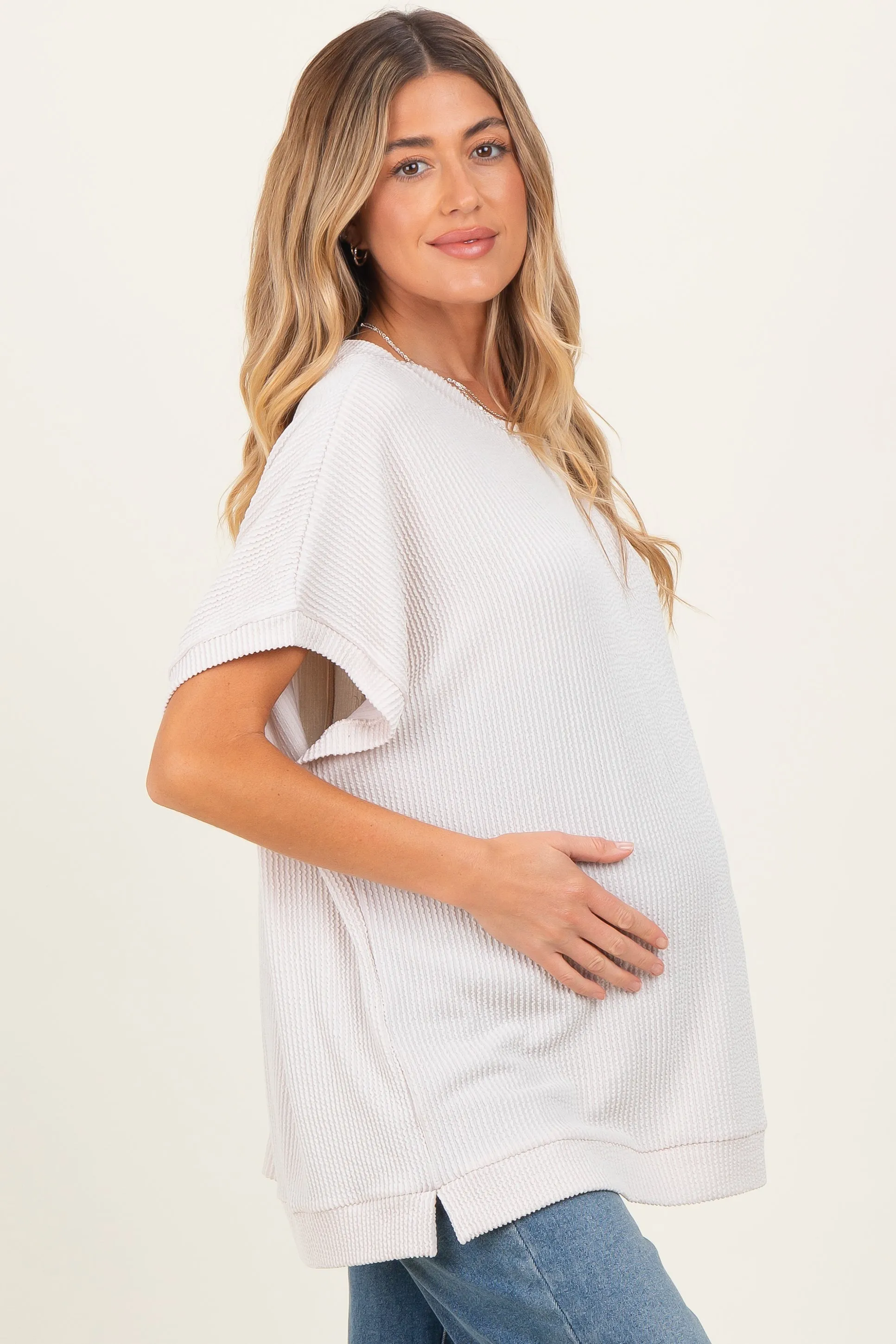 Cream Solid Ribbed Short Sleeve Oversized Maternity Tunic Top sold by Pinkblush product image thumbnail 3