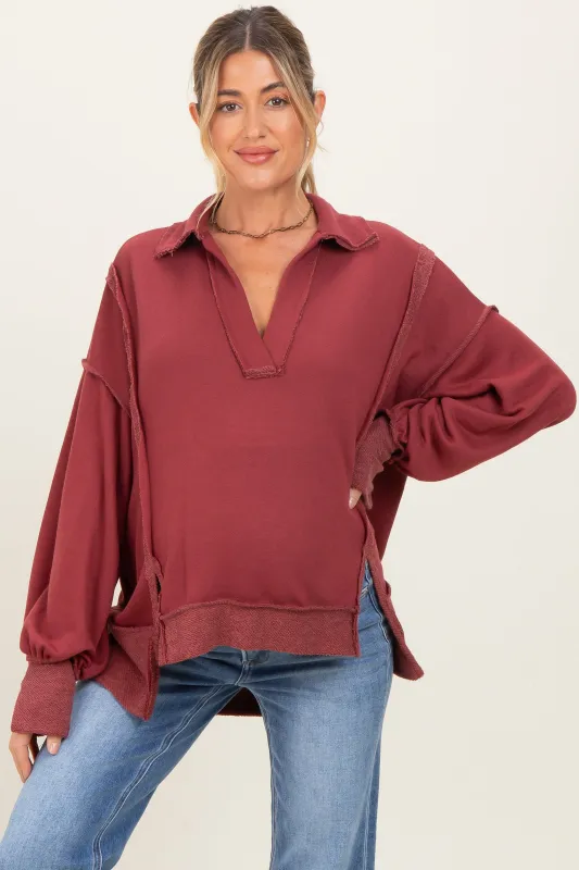 Burgundy Long Sleeve Reverse Stitch Collared Maternity Top sold by Pinkblush