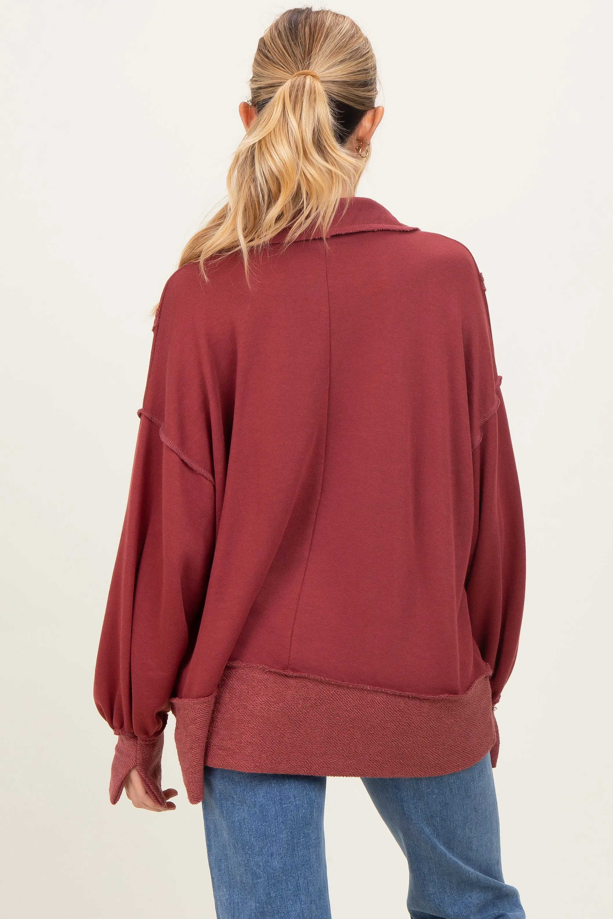 Burgundy Long Sleeve Reverse Stitch Collared Maternity Top sold by Pinkblush product image thumbnail 2