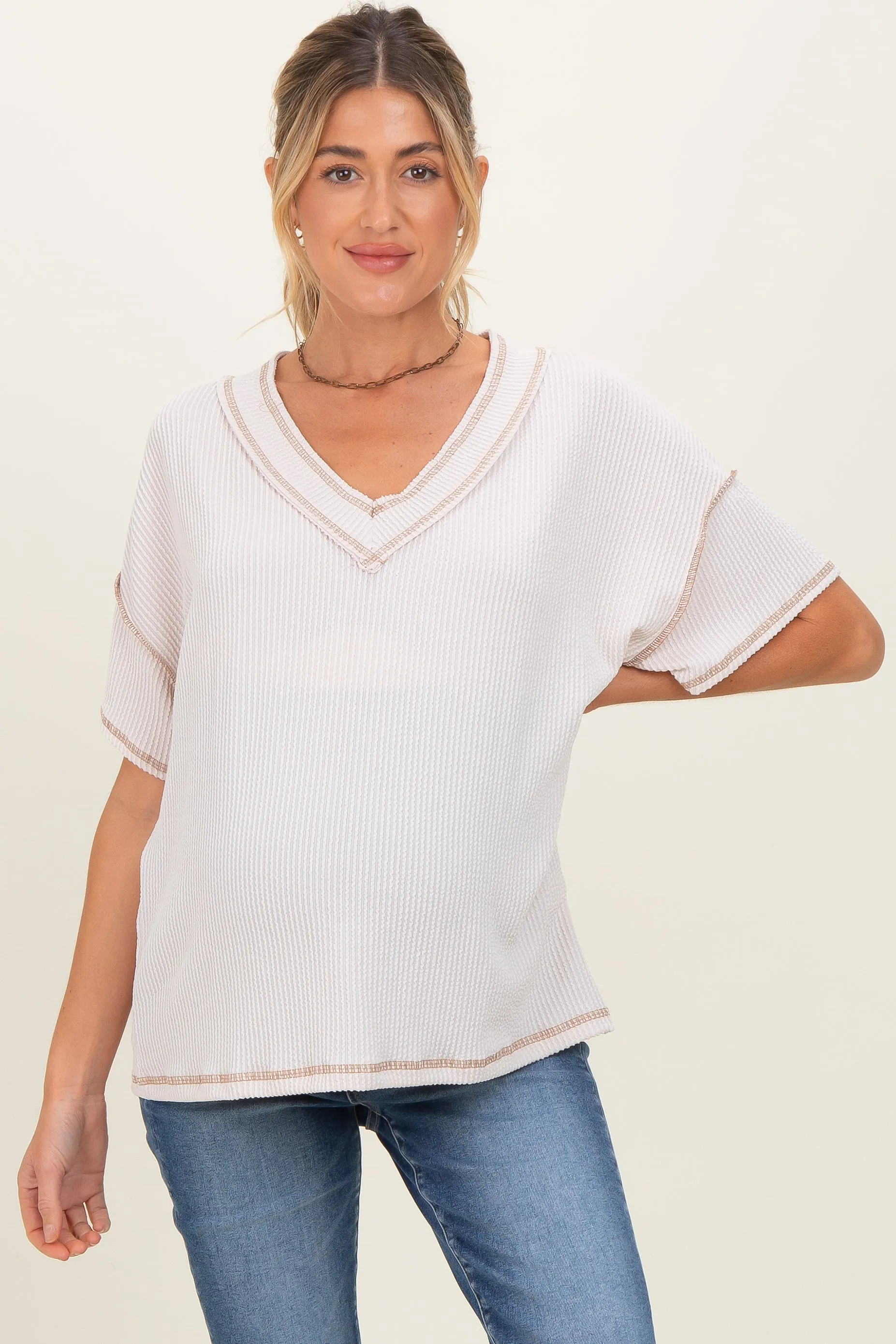Cream Ribbed Short Sleeve V-Neck Reverse Stitch Maternity Top sold by Pinkblush