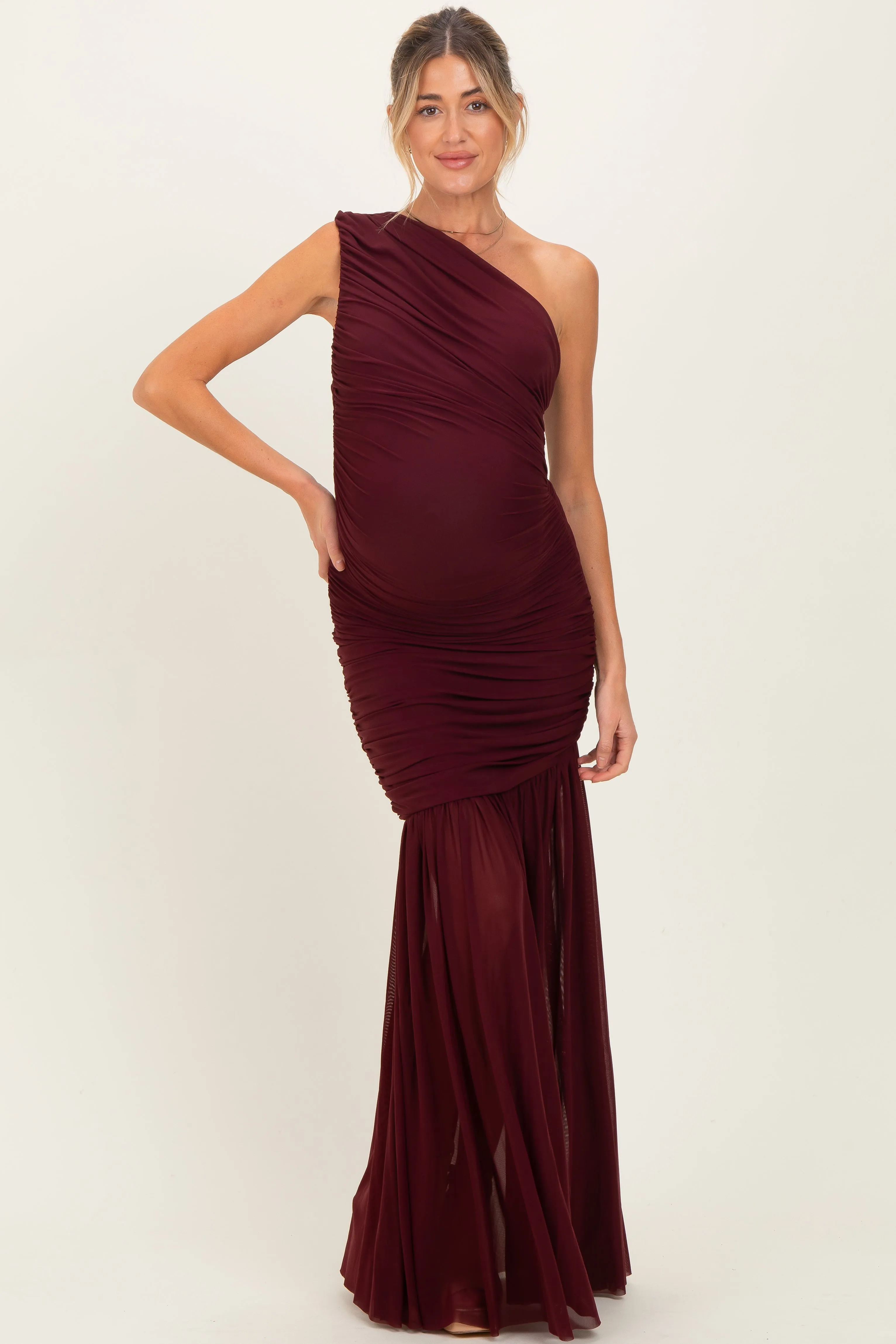 Dark Burgundy Ruched Mesh One Shoulder Maternity Maxi Dress sold by Pinkblush product image thumbnail 2