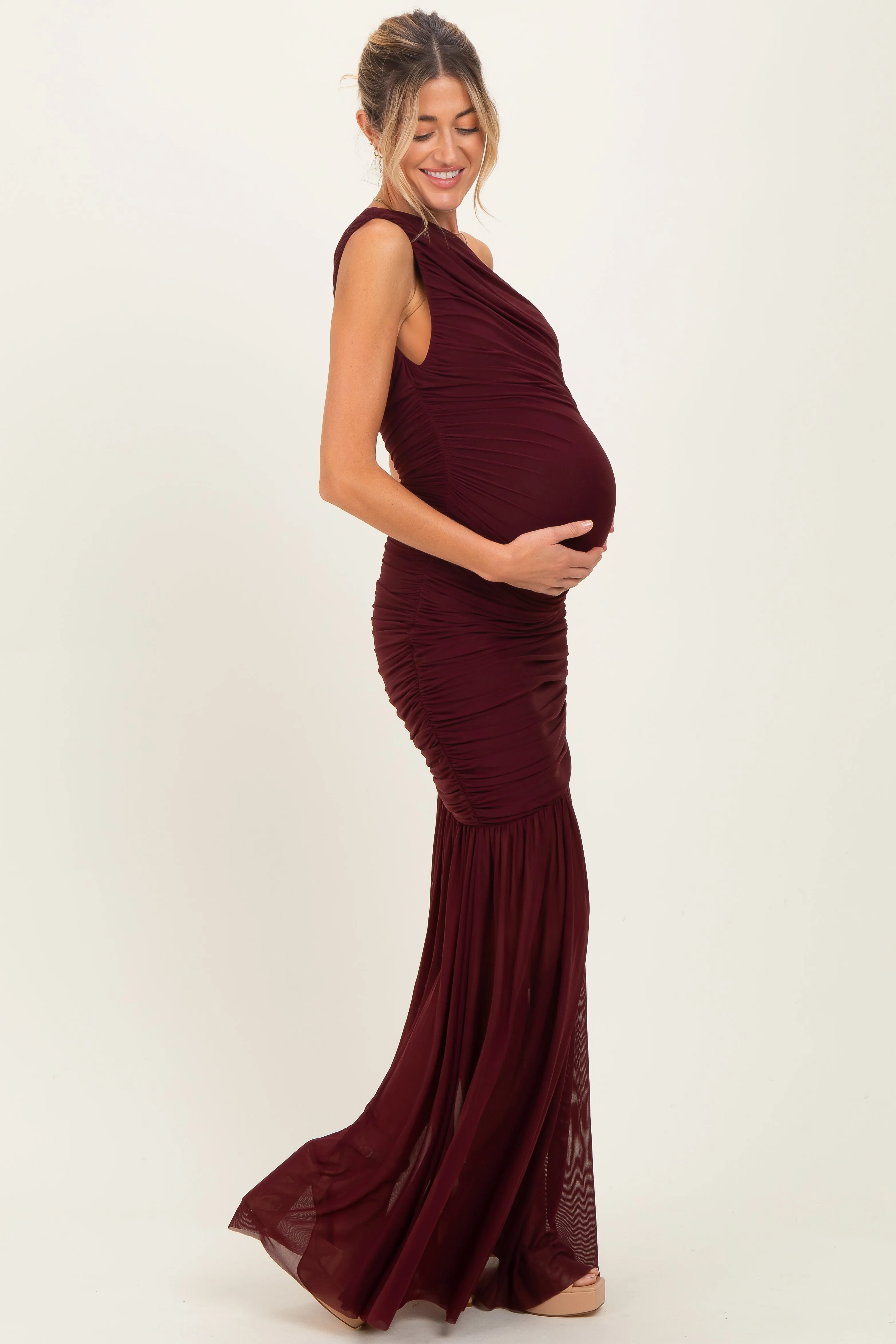 Dark Burgundy Ruched Mesh One Shoulder Maternity Maxi Dress sold by Pinkblush product image thumbnail 3