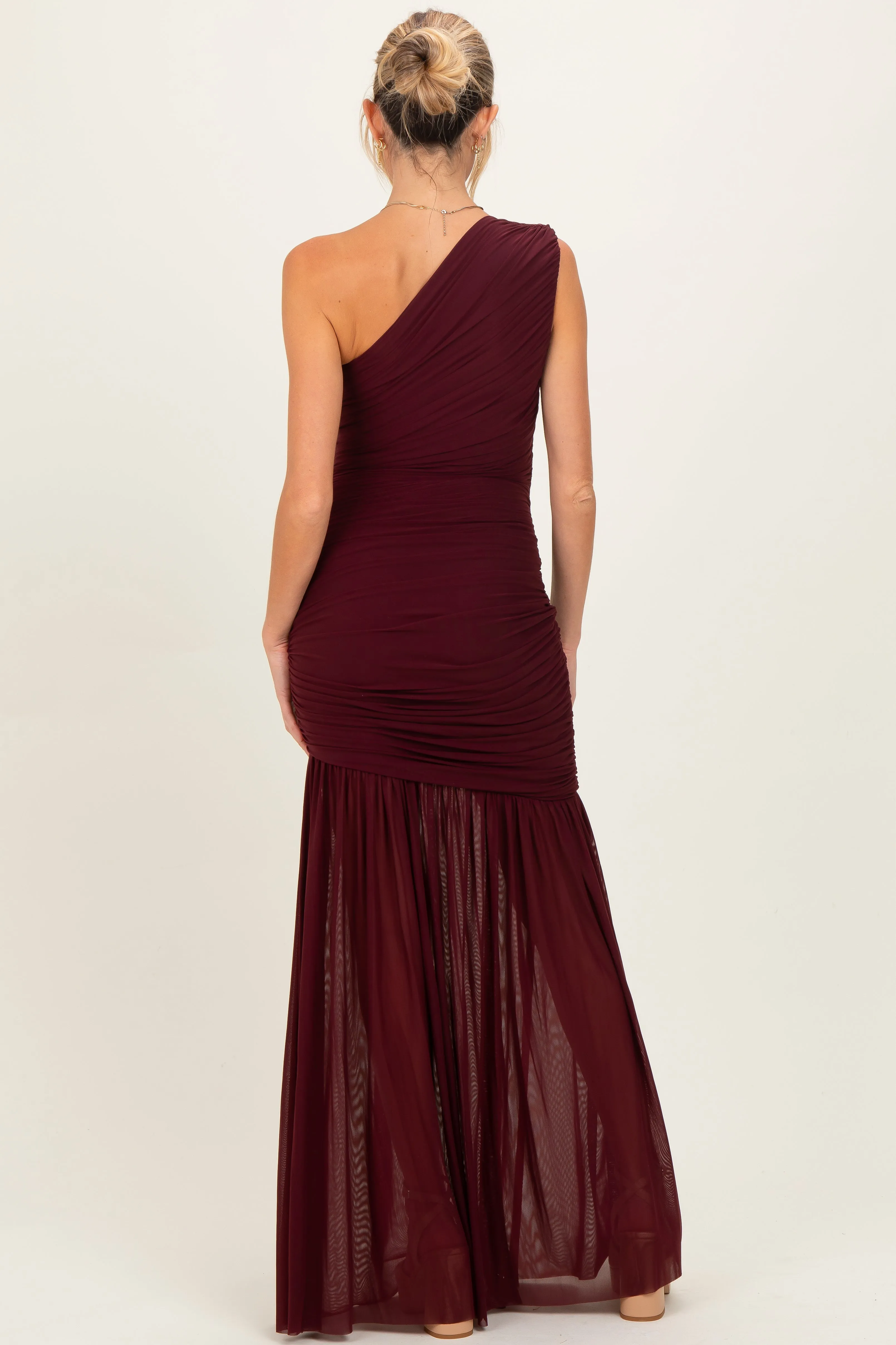 Dark Burgundy Ruched Mesh One Shoulder Maternity Maxi Dress sold by Pinkblush product image thumbnail 4