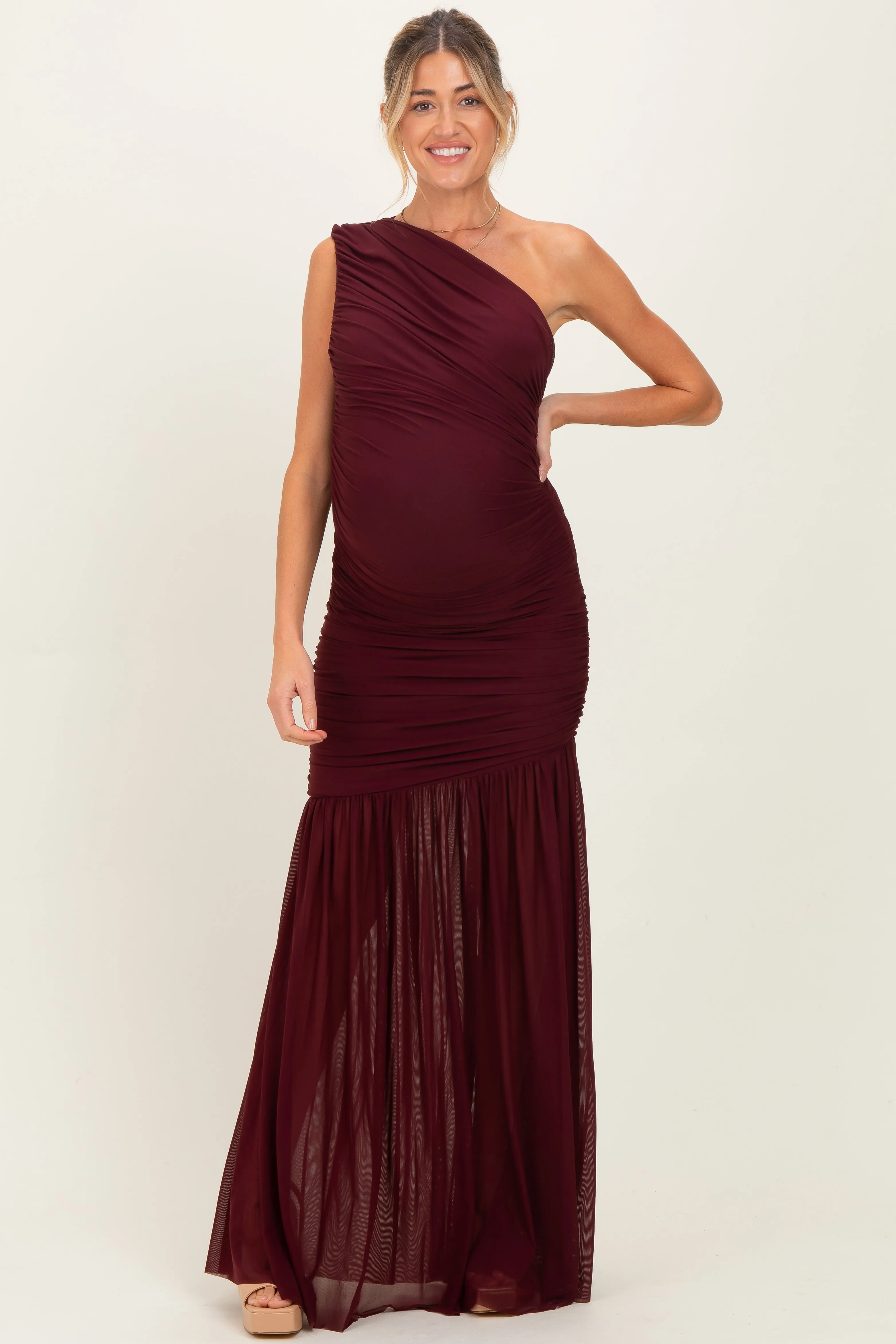 Dark Burgundy Ruched Mesh One Shoulder Maternity Maxi Dress sold by Pinkblush