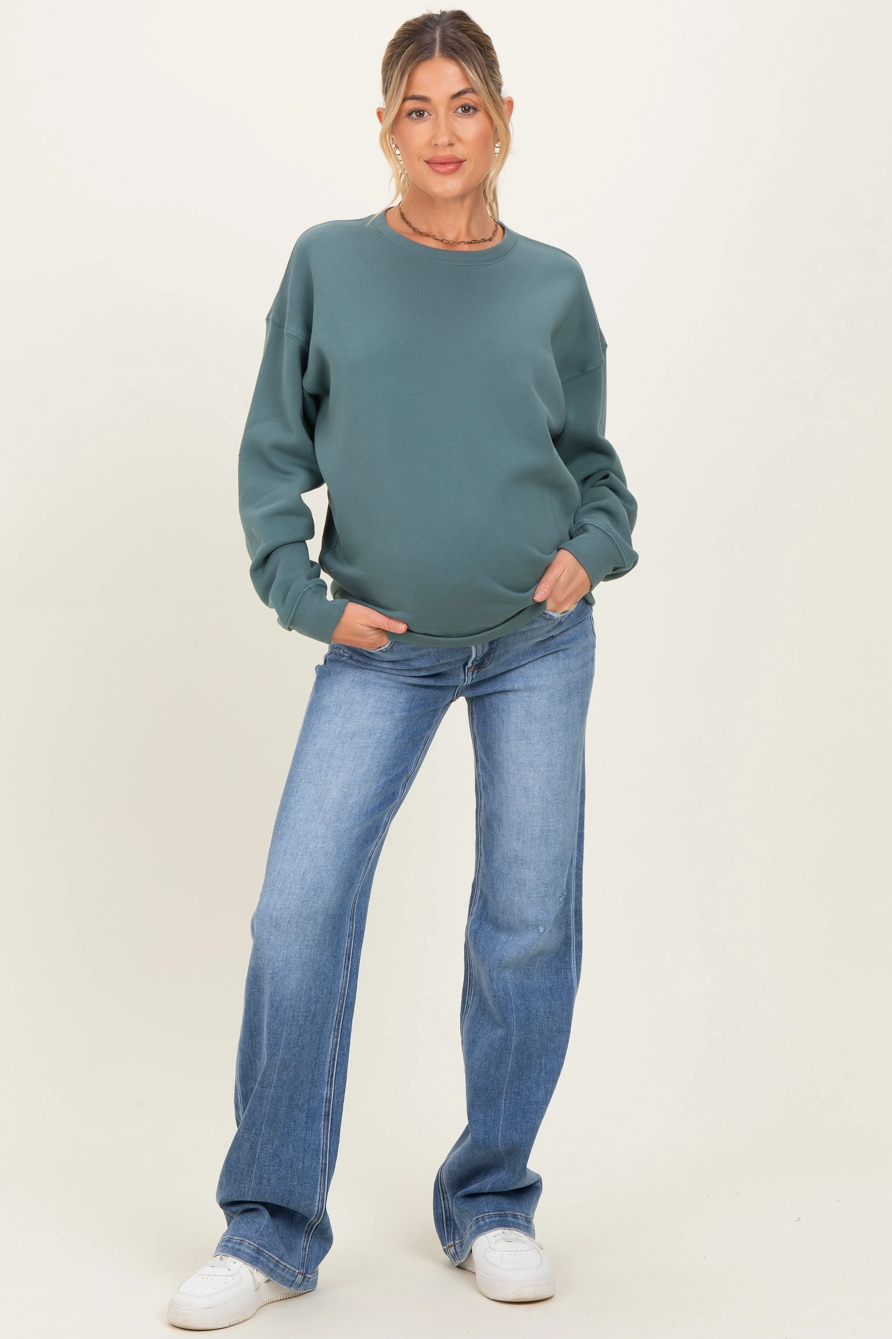 Navy Blue Lightly Distressed Maternity Straight Leg Jeans sold by Pinkblush product image thumbnail 2