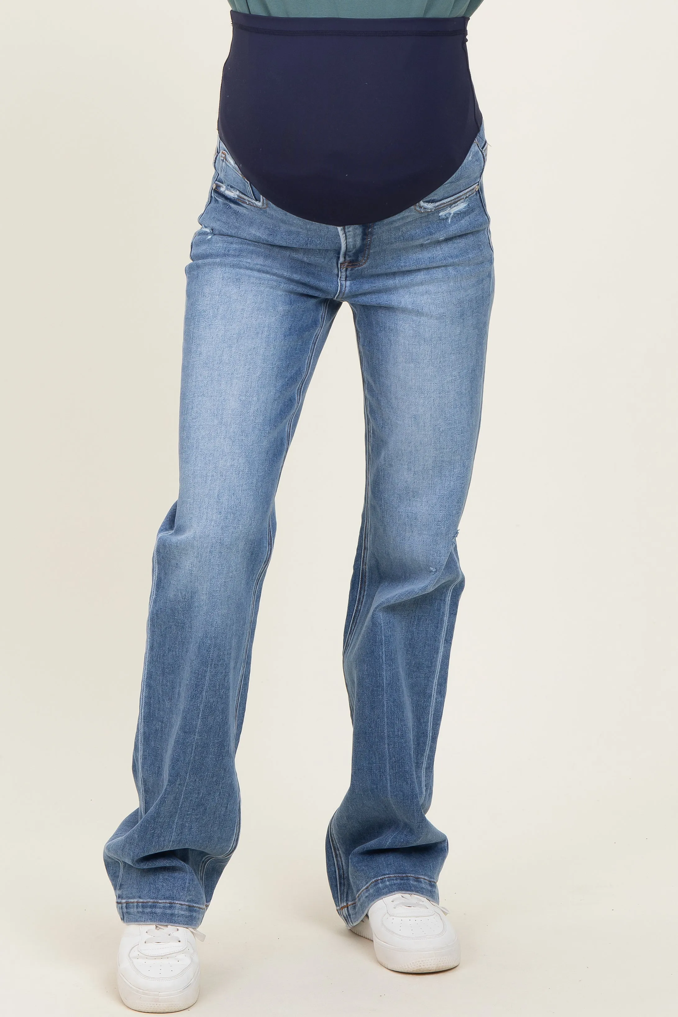 Navy Blue Lightly Distressed Maternity Straight Leg Jeans sold by Pinkblush product image thumbnail 3